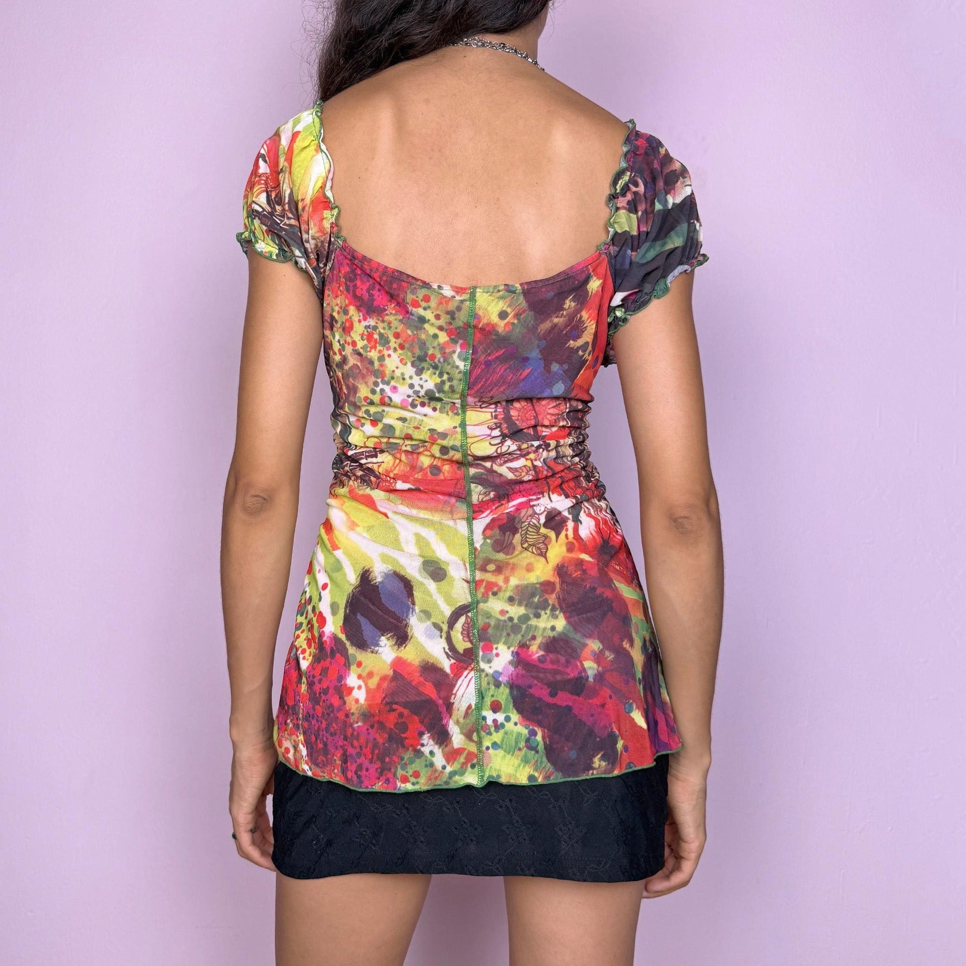 Vintage Y2K Mesh Top, Sheer Abstract Graphic Ruched Bust 2000s – Size L