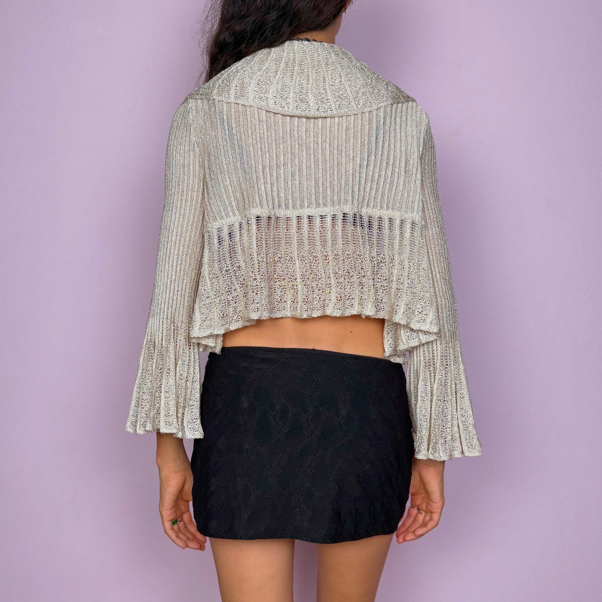 Vintage Y2K Beige Bolero, Sheer Knit Ruffle Metallic Bell Sleeve 2000s – Size M