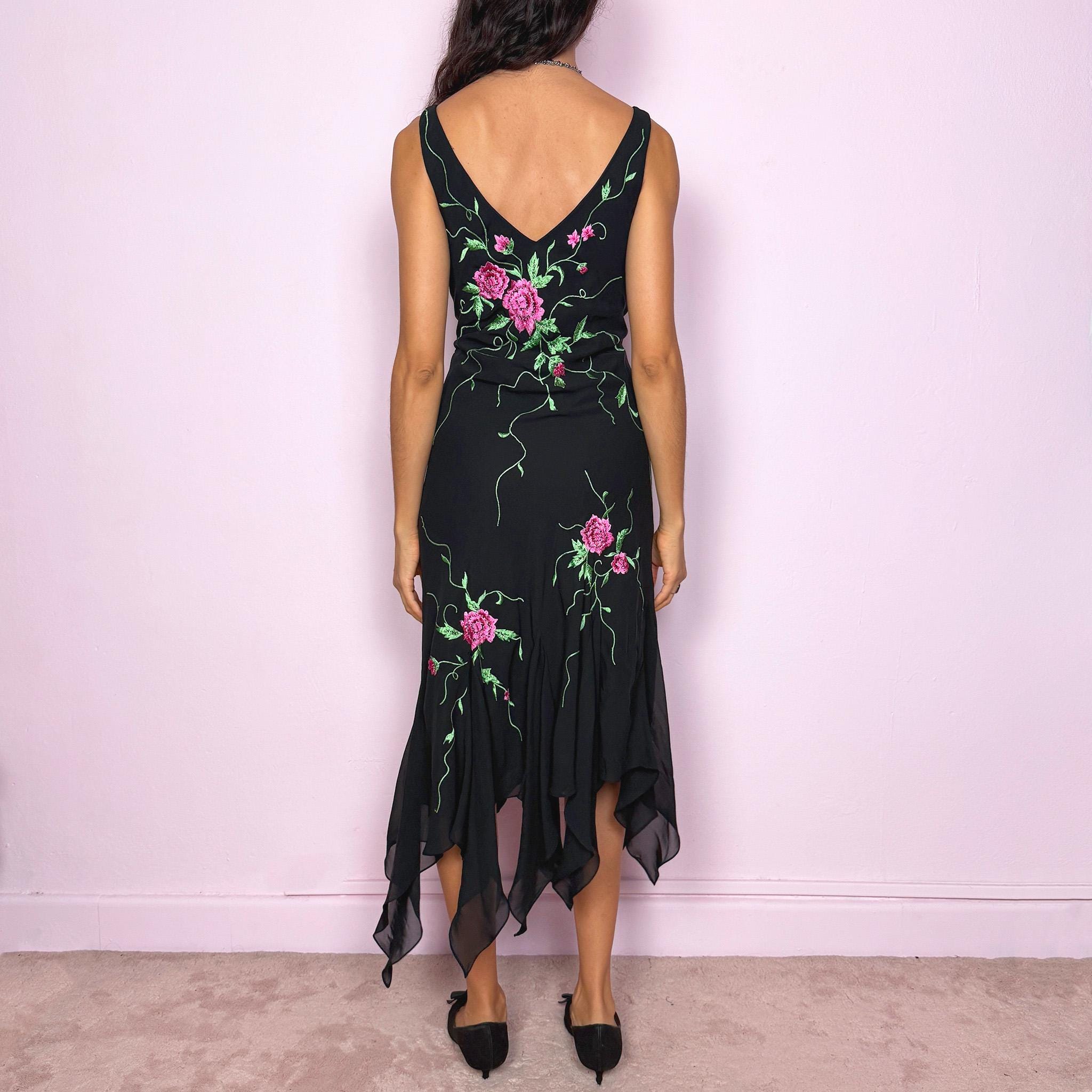 Vintage Y2K Black Dress, Floral Embroidered Handkerchief Hem 2000s – Size M