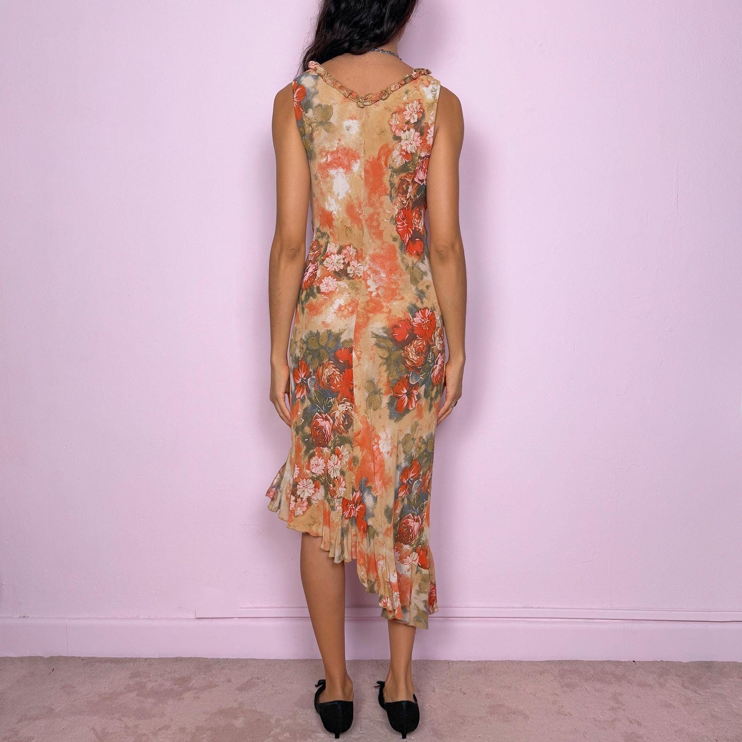 Vintage 90s Floral Dress, Beige Orange Midi Ruffle Hem – Size M