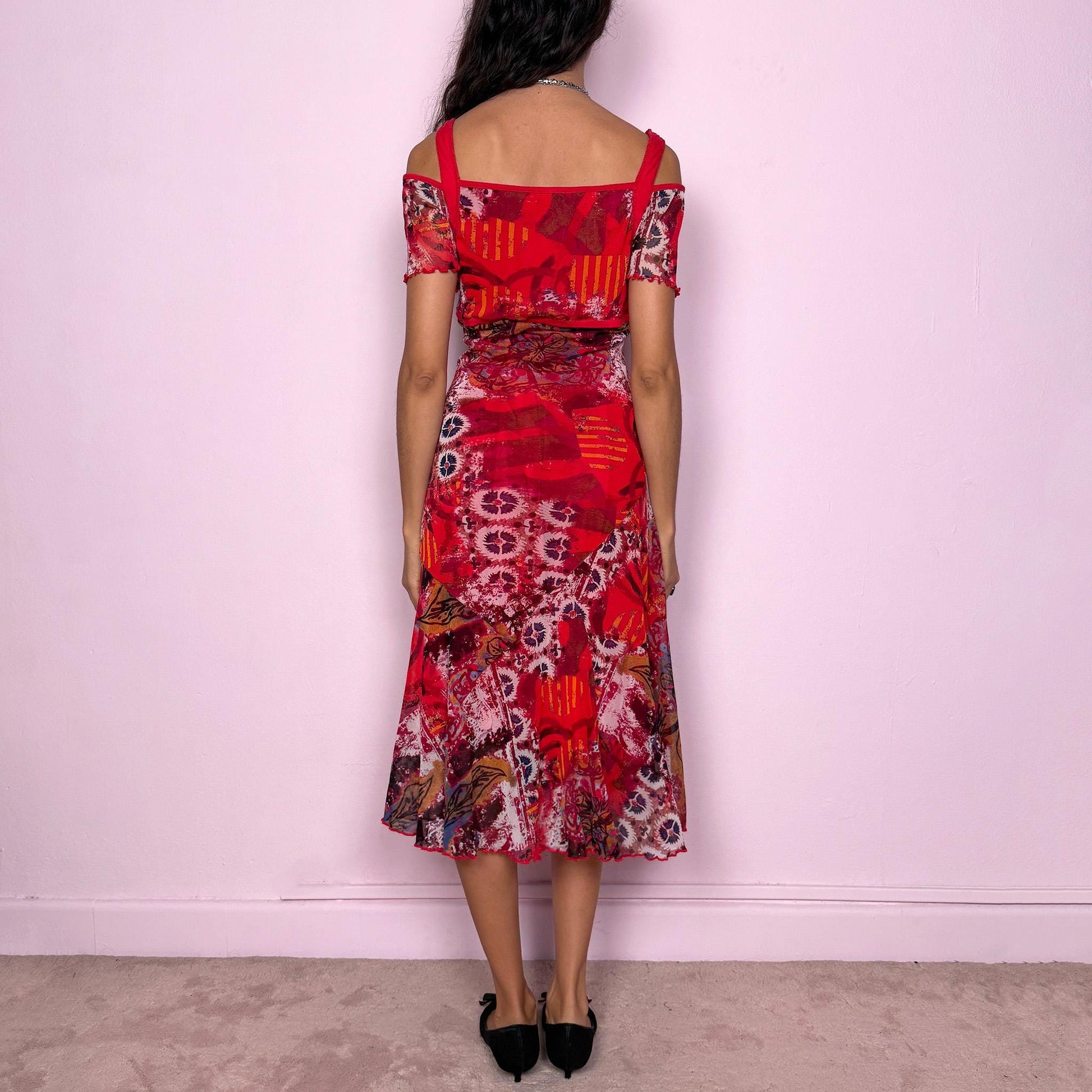 Vintage Y2K Red Dress, Abstract Mesh Midi 2000s – Size L