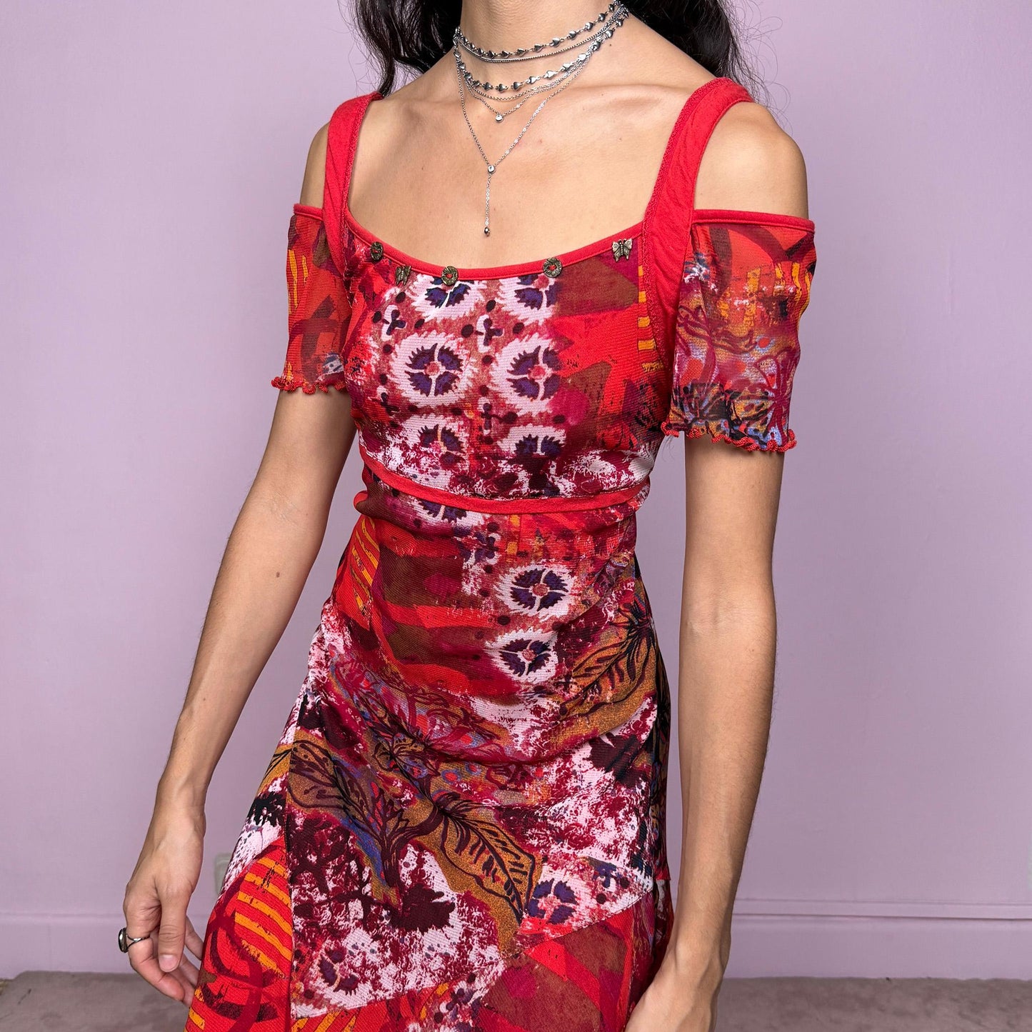 Vintage Y2K Red Dress, Abstract Mesh Midi 2000s – Size L