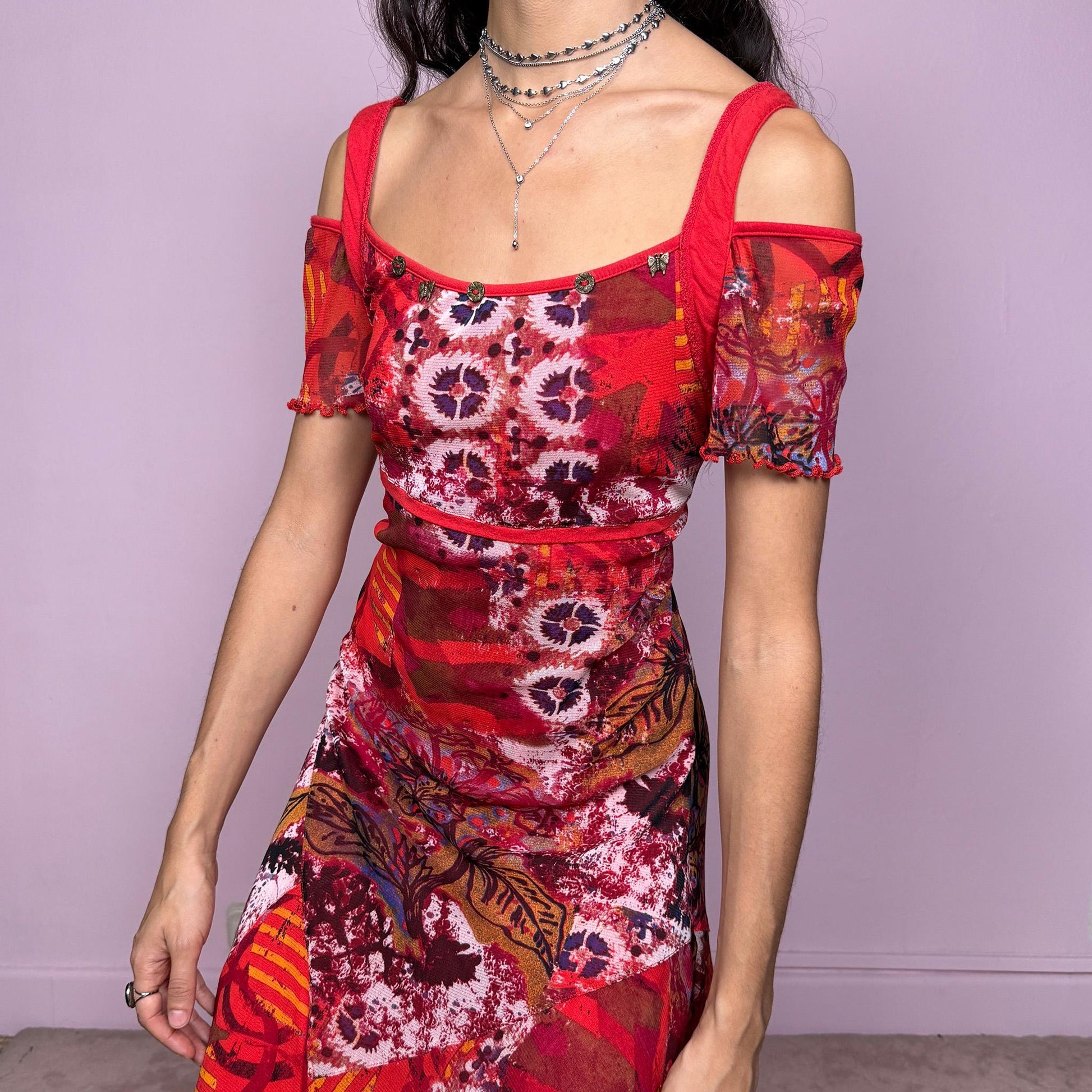 Vintage Y2K Red Dress, Abstract Mesh Midi 2000s – Size L