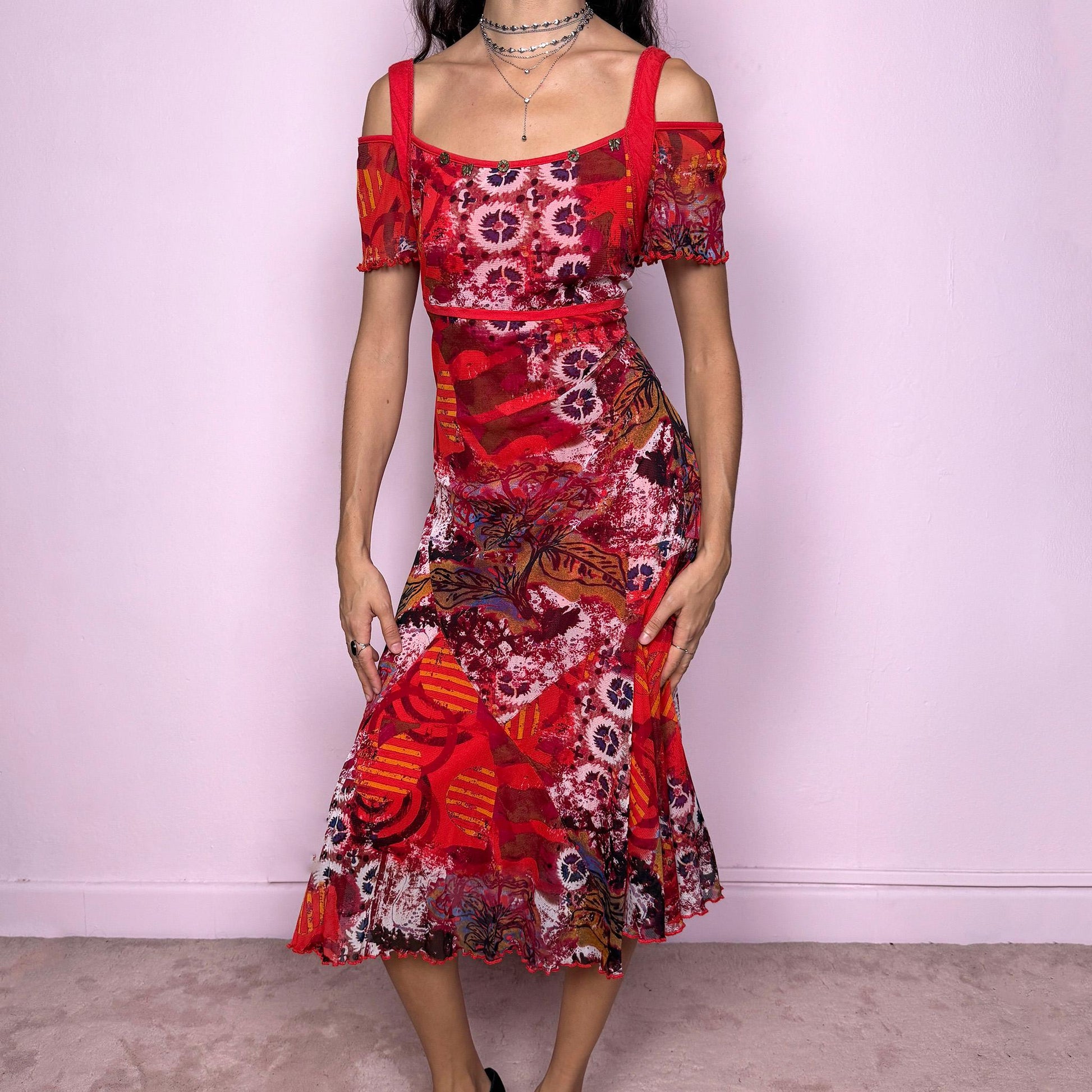 Unique statement vintage 2000s red multicolored abstract graphic-print midi dress featuring a semi-sheer mesh overlay, red lining and cut-out shoulder short sleeves. Ideal for a colorful party look or a pop-color casual everyday outfit, with a weird-girl artistic aesthetic. Made from a stretchy polyamide viscose blend. Great vintage condition.
