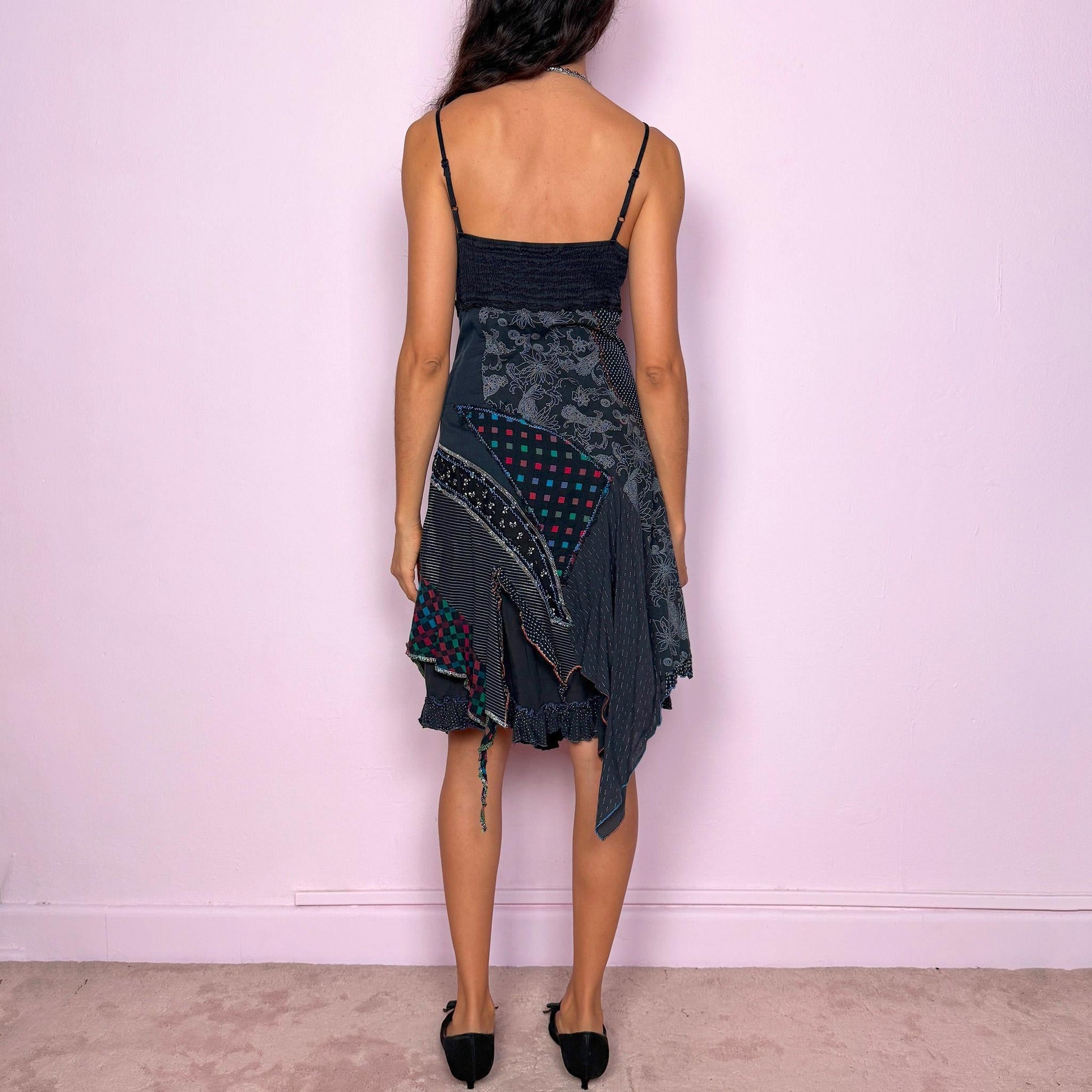 Vintage Y2K Patchwork Dress, Dark Gray Black Midi 2000s – Size M