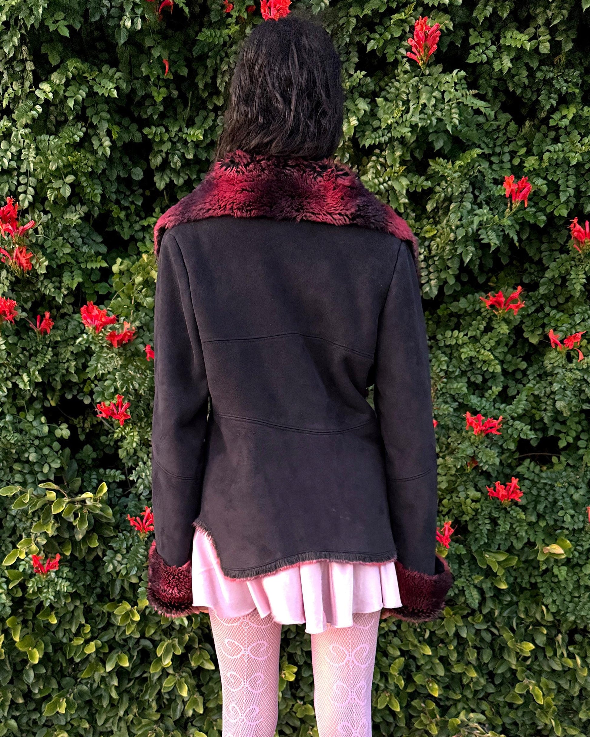 Vintage Y2K Penny Lane Jacket, Black Red Faux Fur Suede 2000s – Size L