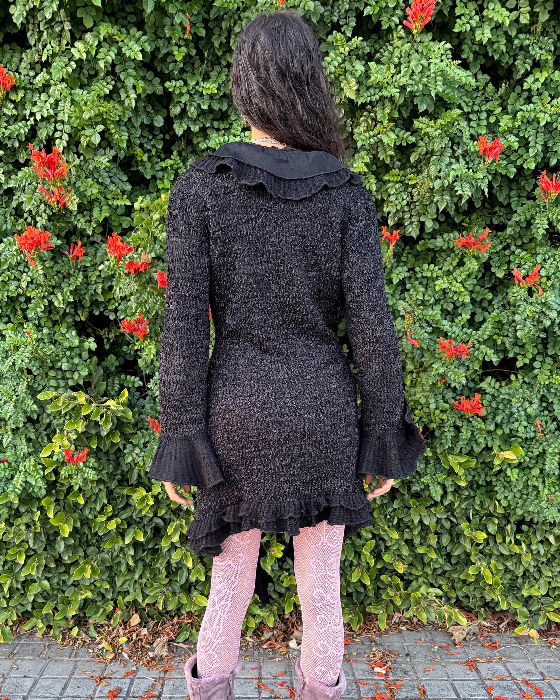 Vintage Y2K Black Cardigan, Ruffle Longline Knit Wool 2000s – Size M