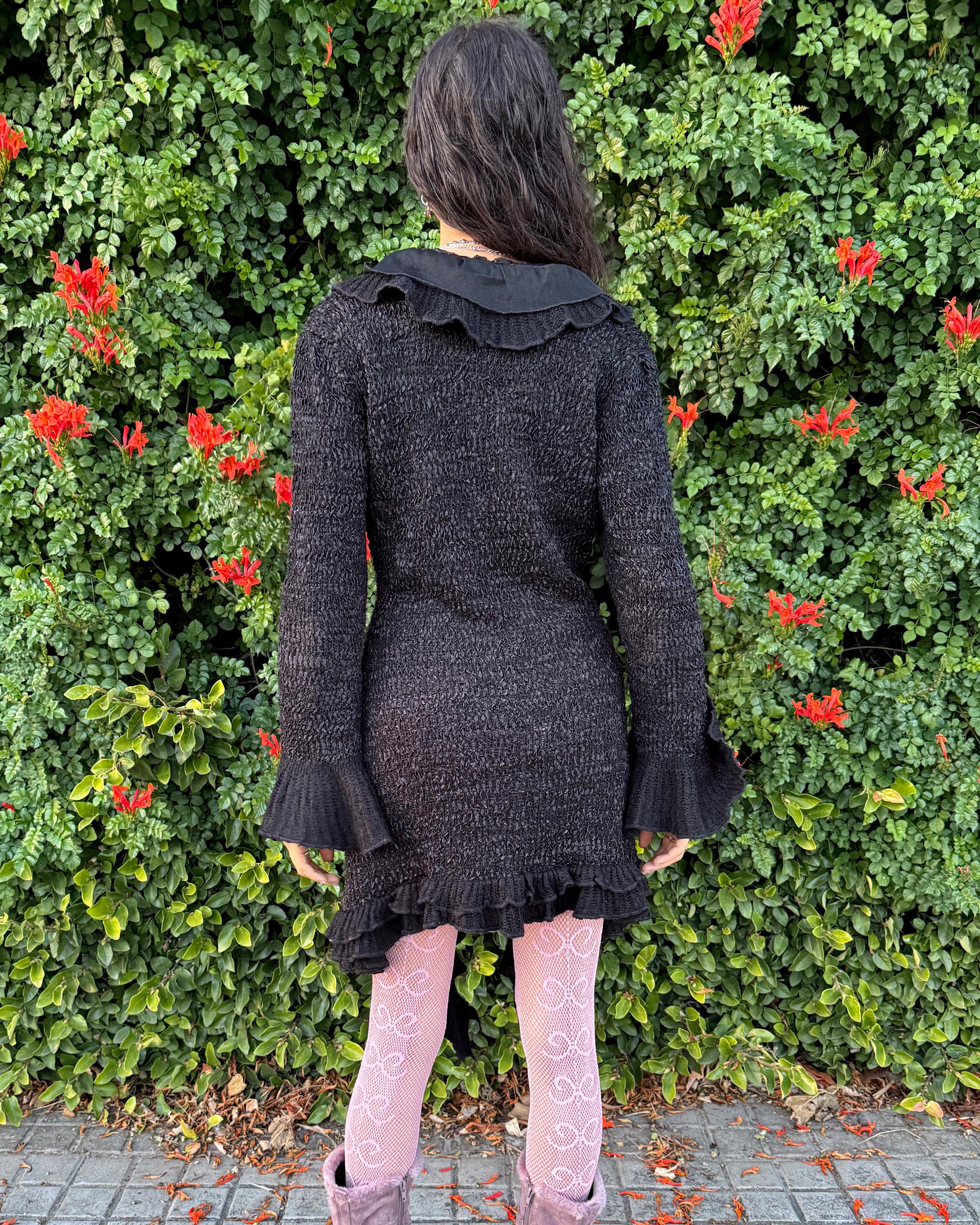 Vintage Y2K Black Cardigan, Ruffle Longline Knit Wool 2000s – Size M