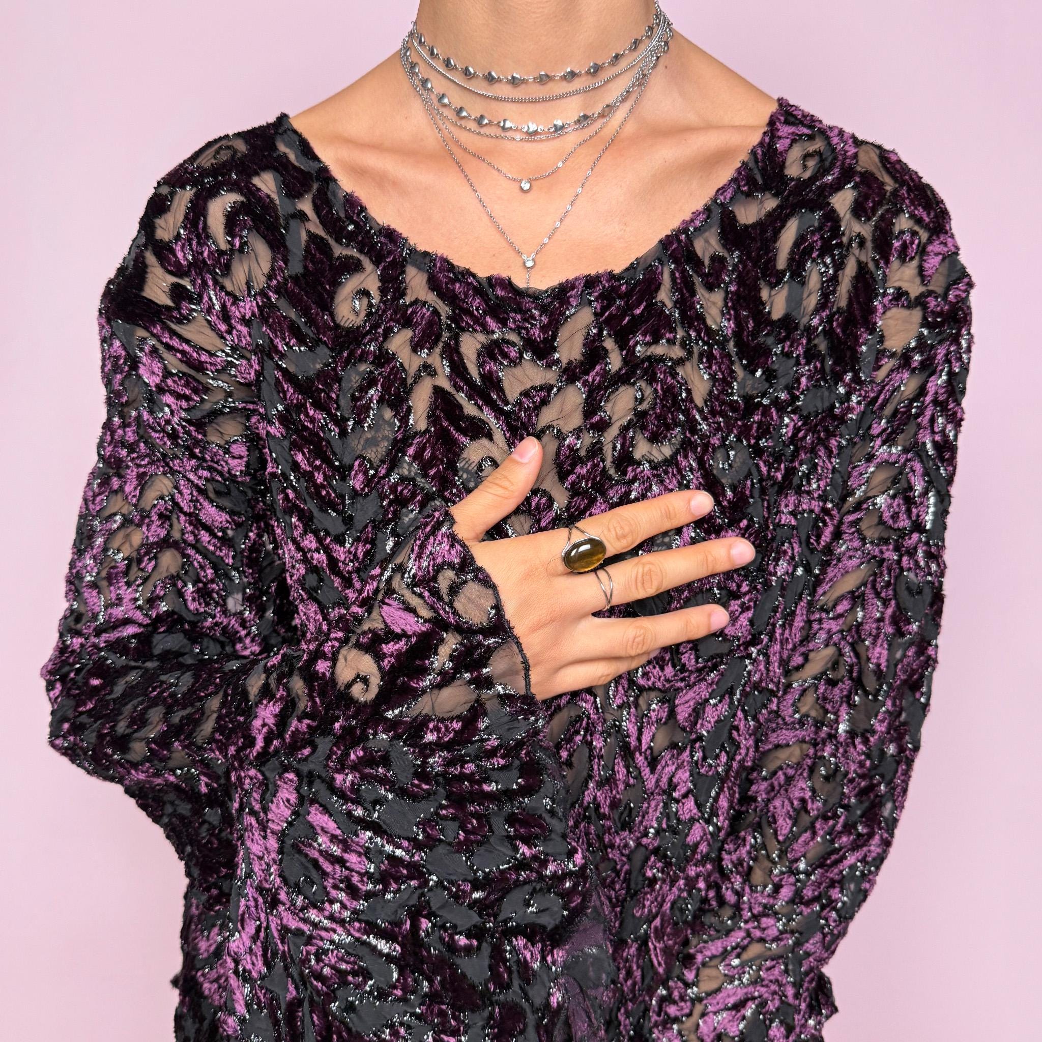 Vintage Y2K Velvet Top, Purple Black Devoré Burnout Sheer Bell Sleeve 2000s – Size XL