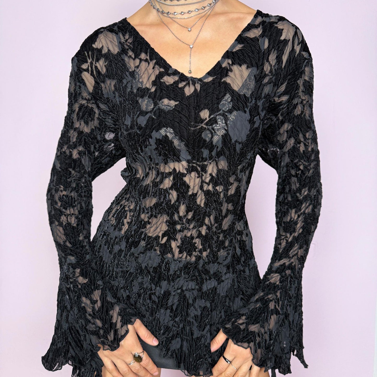 Vintage Y2K Black Top, Velvet Devoré Burnout Sheer Asymmetric Bell Sleeve 2000s – Size L