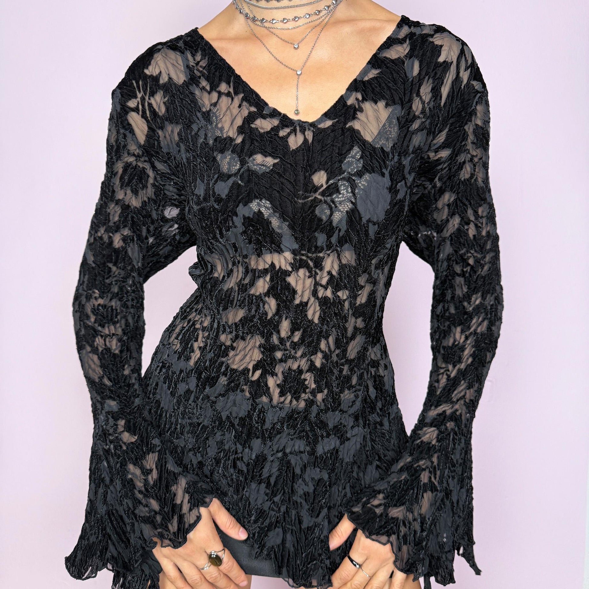 Vintage Y2K Black Top, Velvet Devoré Burnout Sheer Asymmetric Bell Sleeve 2000s – Size L