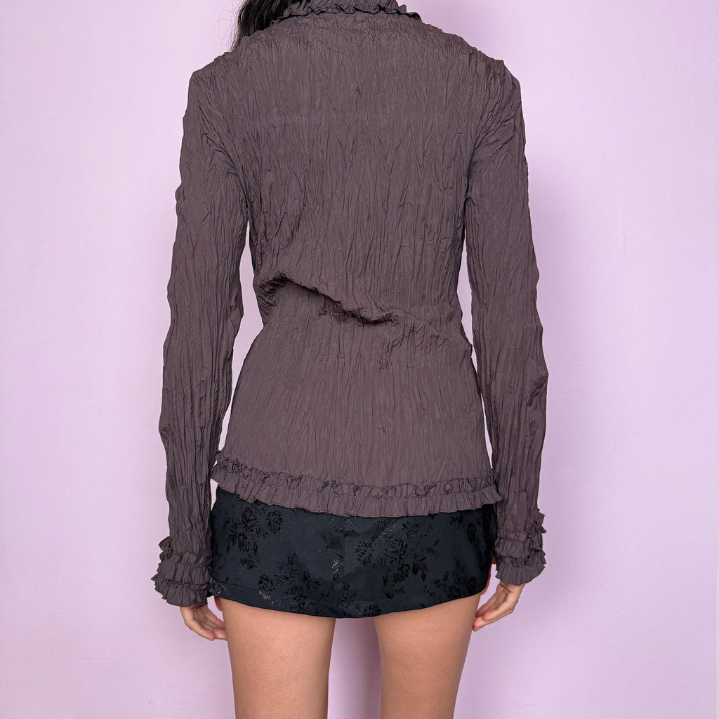 Vintage Y2K Brown Blouse, Ruffle Crinkled Pleated 2000s – Size M