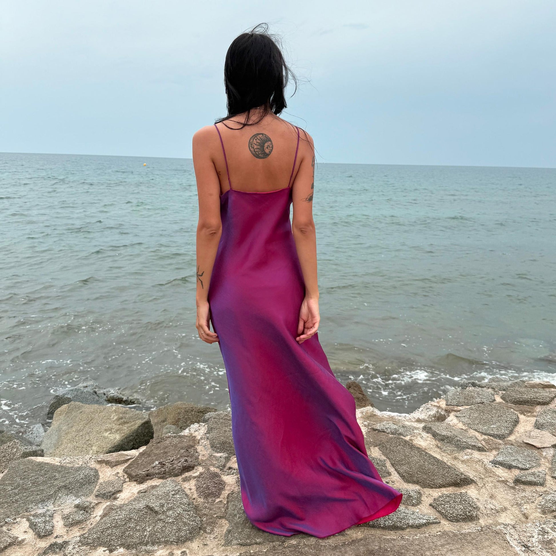 Vintage Y2K Iridescent Dress, Maroon Purple Rosette Slip Midi 2000s – Size M