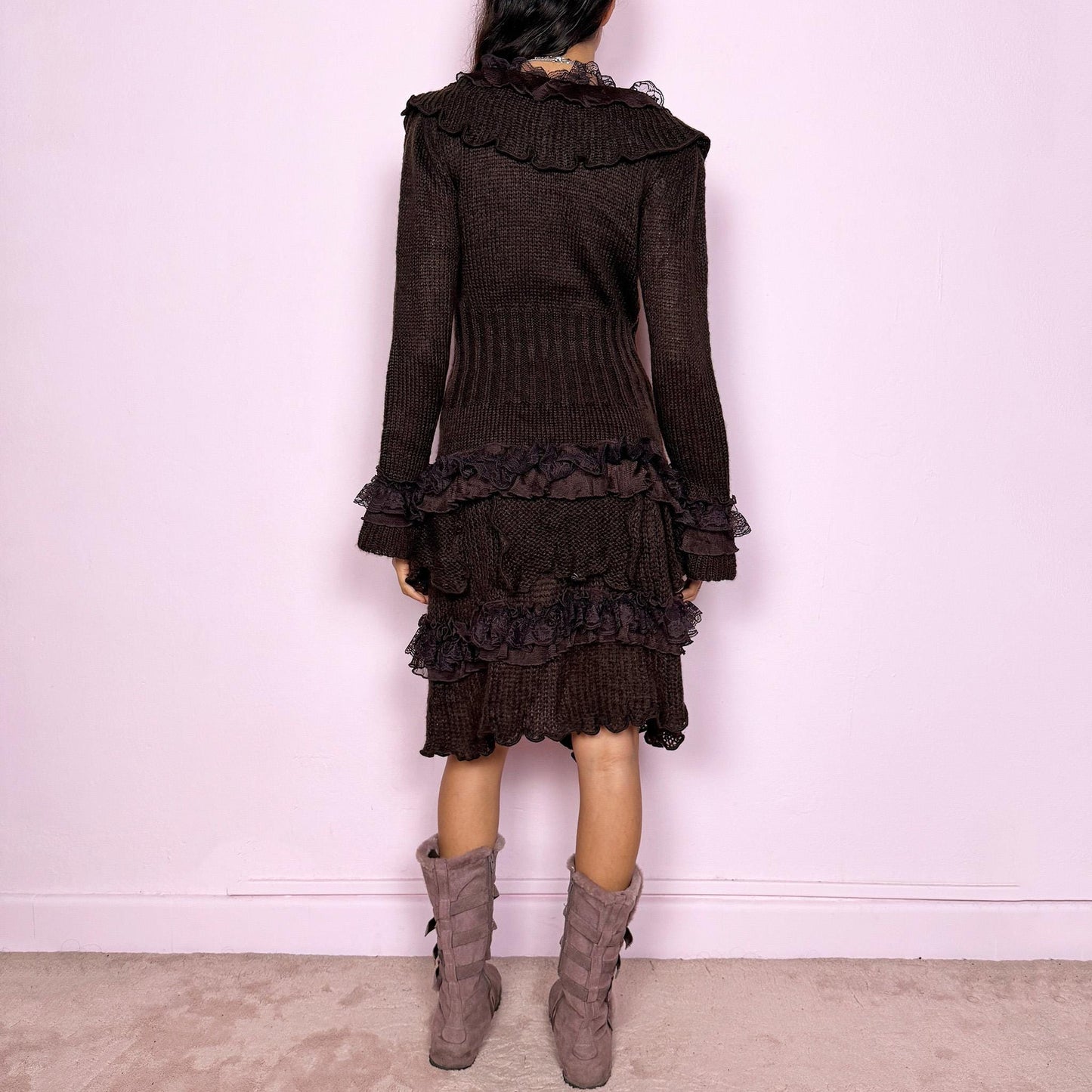 Vintage Y2K Brown Cardigan, Ruffle Lace Bell Sleeve 2000s – Size M