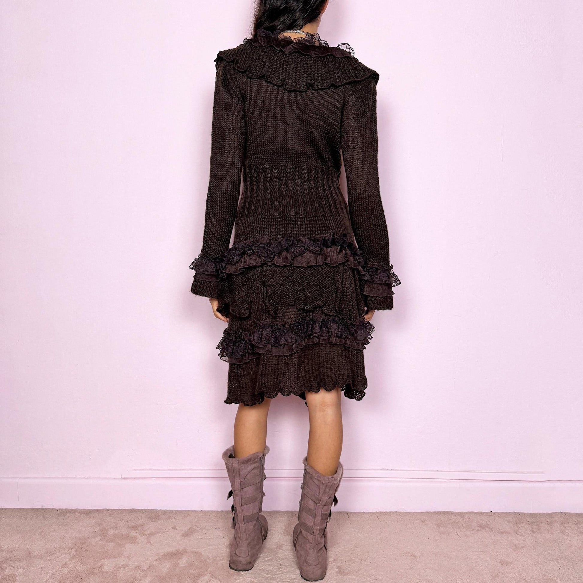 Vintage Y2K Brown Cardigan, Ruffle Lace Bell Sleeve 2000s – Size M