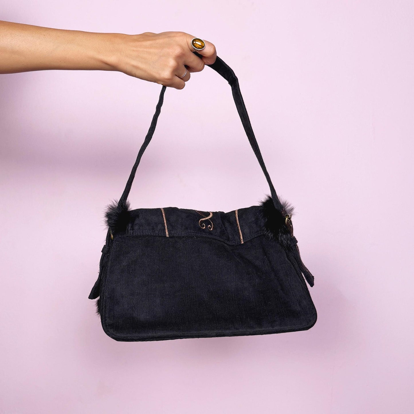 Vintage Y2K Black Studded Bag, Faux Suede Fur Trim Shoulder 2000s