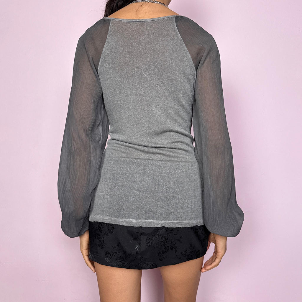 Vintage Y2K Gray Top, Balloon Sleeve Tie Front Knit 2000s – Size M