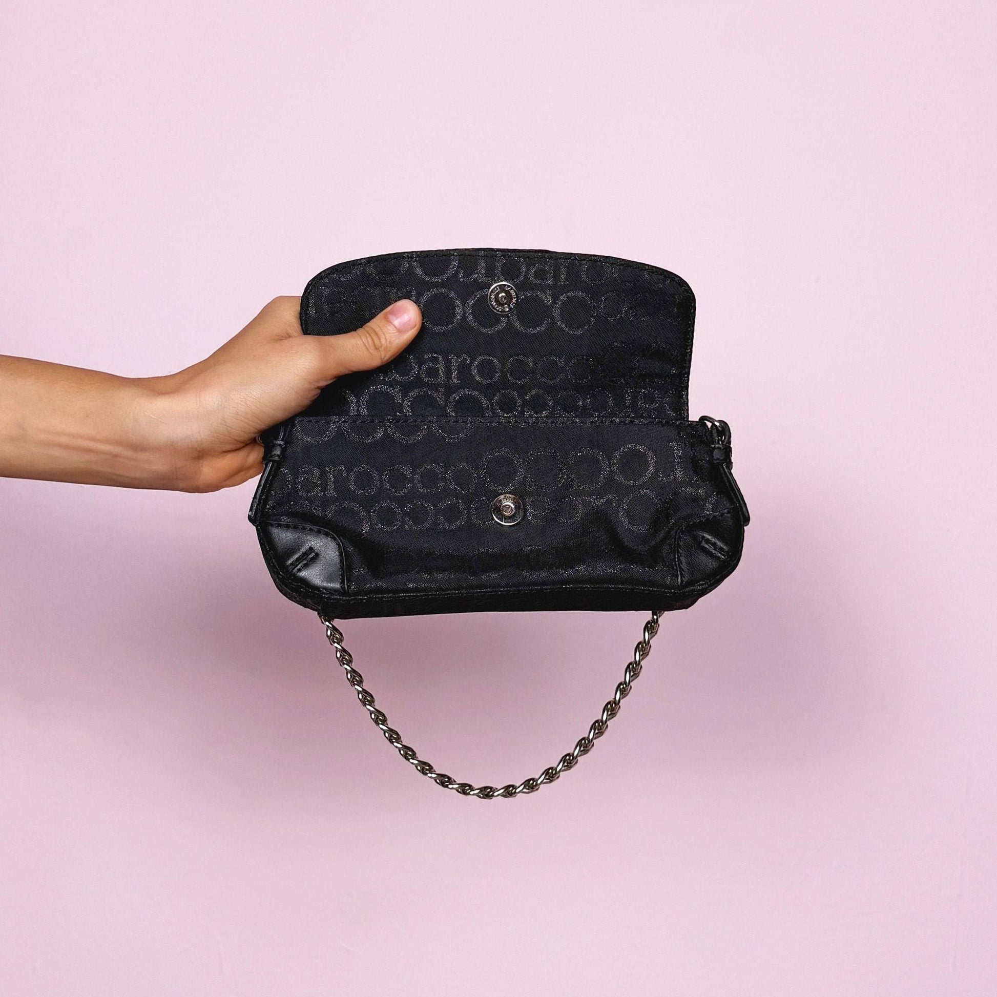 Vintage Y2K Black Bag, Monogram Shimmer Mini Baguette Chain 2000s