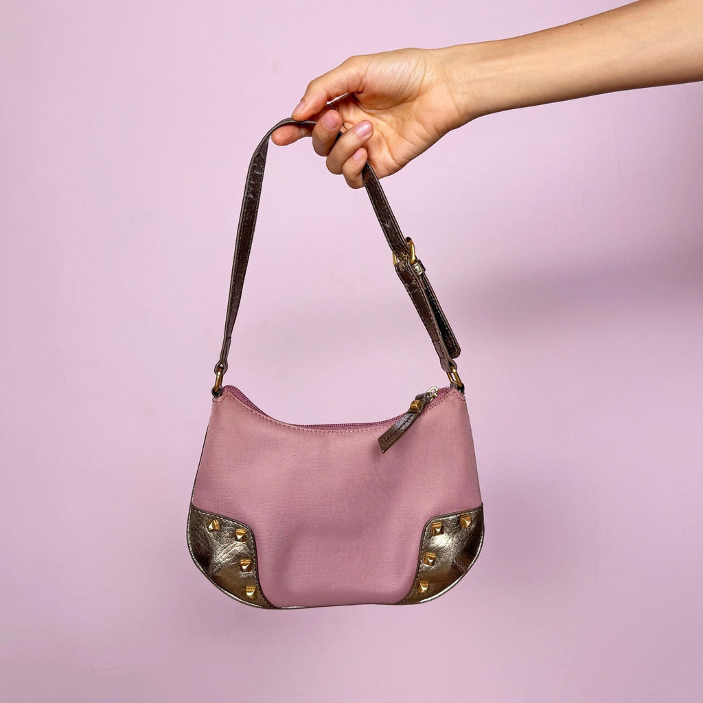 Vintage Y2K Pink Bag, Baguette Gold Rhinestone Logo 2000s
