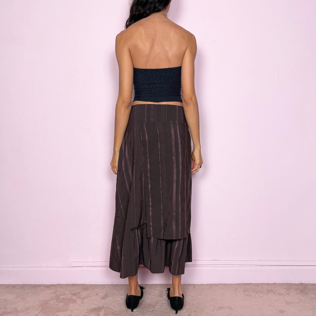 Vintage Y2K Brown Skirt, Pinstripe Deconstructed Layered Midi 2000s – Size S
