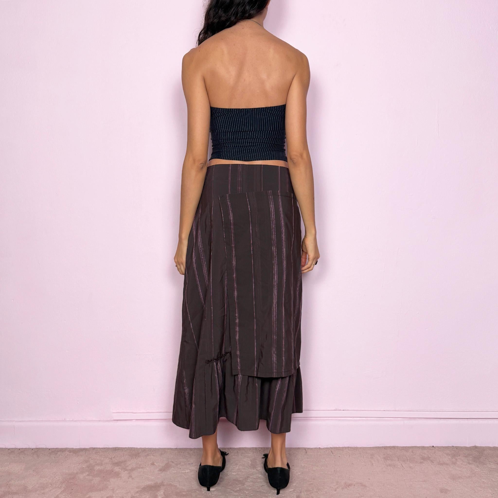 Vintage Y2K Brown Skirt, Pinstripe Deconstructed Layered Midi 2000s – Size S