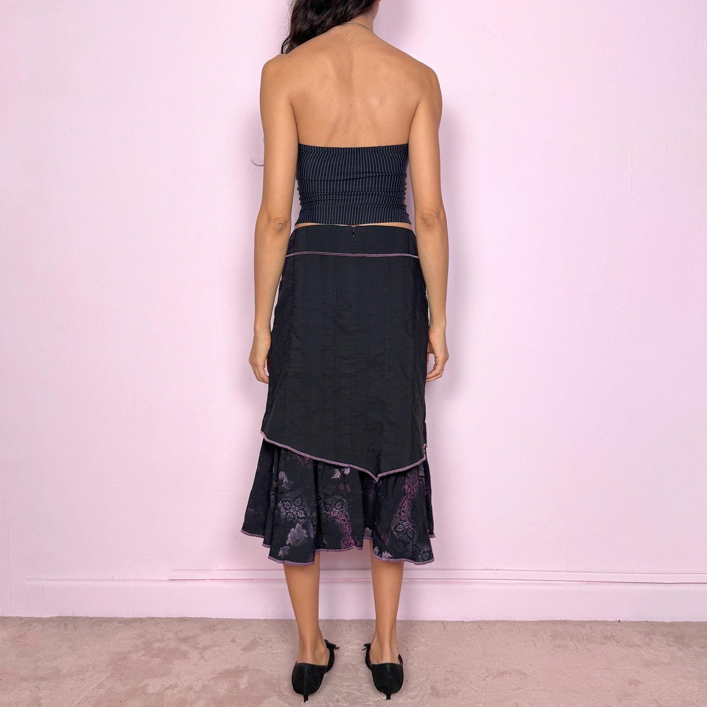Vintage Y2K Black Skirt, Deconstructed Ruched Layered Midi 2000s – Size S