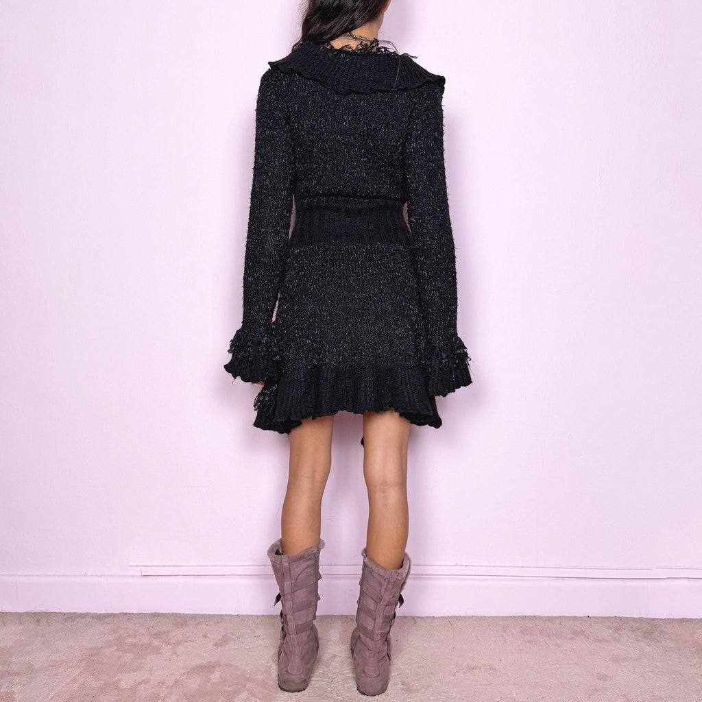 Vintage Y2K Black Cardigan, Longline Ruffle Bell Sleeve 2000s – Size M