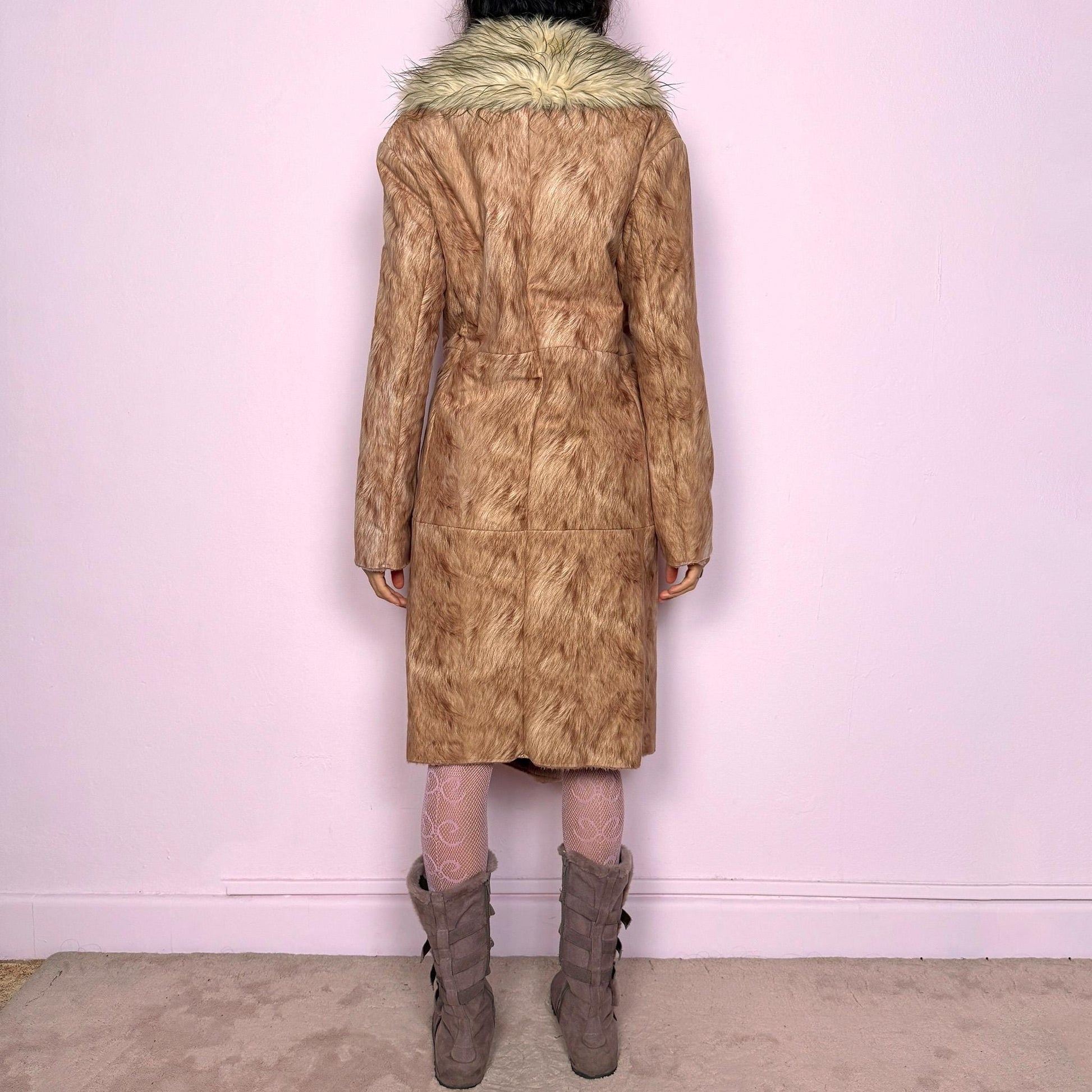 Vintage Y2K Penny Lane Coat, Brown Faux Fur Long 2000s – Size M