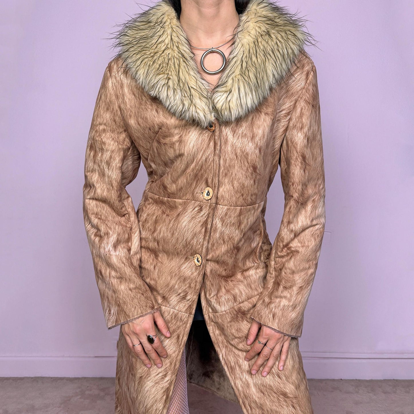 Penny Lane–inspired vintage 2000s long brown and beige faux fur coat with button closure, fur-print pattern, soft faux fur collar and pockets. Unique bold statement piece with no stretch, ideal for festivals, events, or winter parties. Excellent vintage condition.