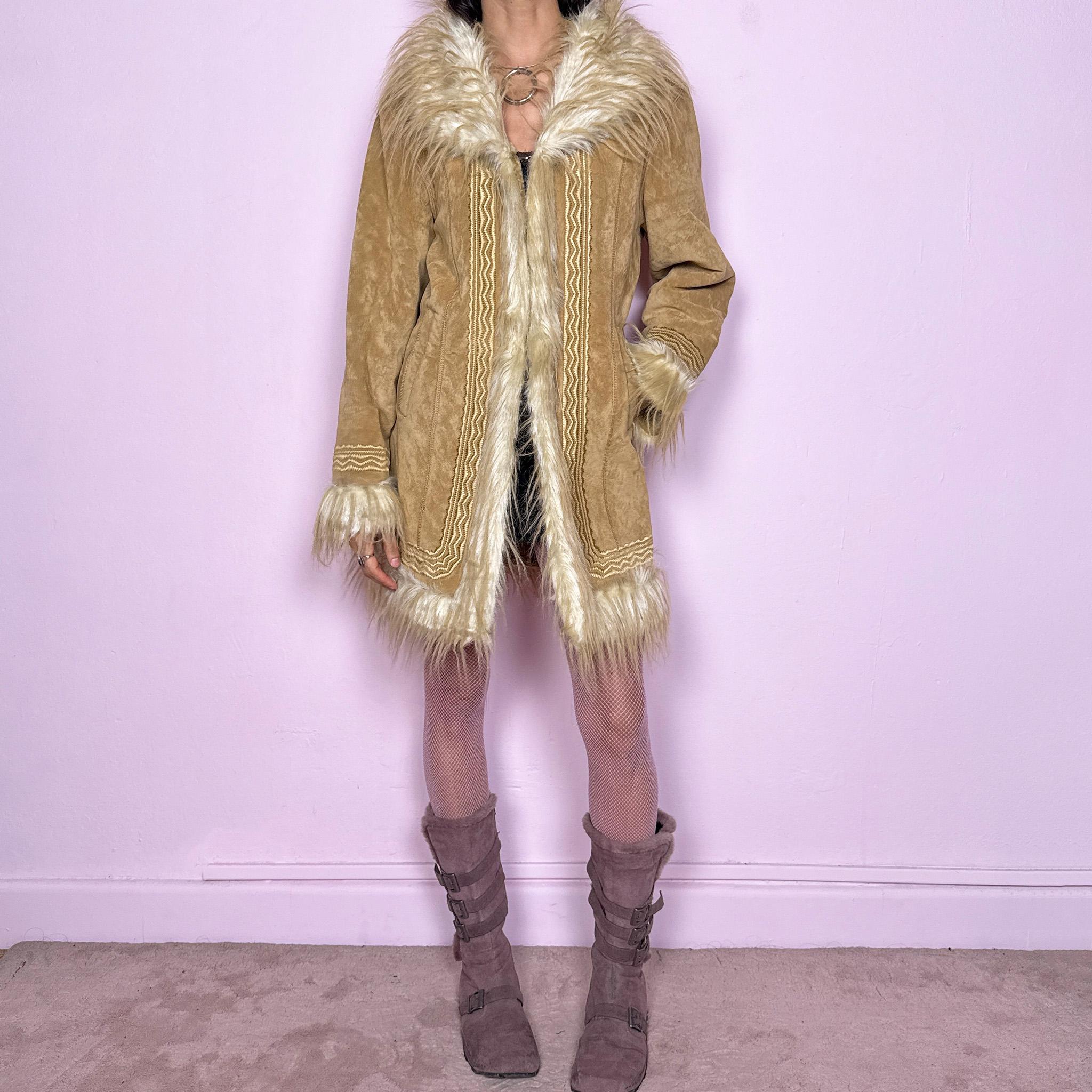 Stunning Afghan-inspired vintage 2000s beige Penny Lane faux fur winter coat with hook front closure, pockets, faux fur collar, cuffs, and interior. Features detailed embroidery and boho 70s-inspired silhouette. Made from polyester. Excellent vintage condition.