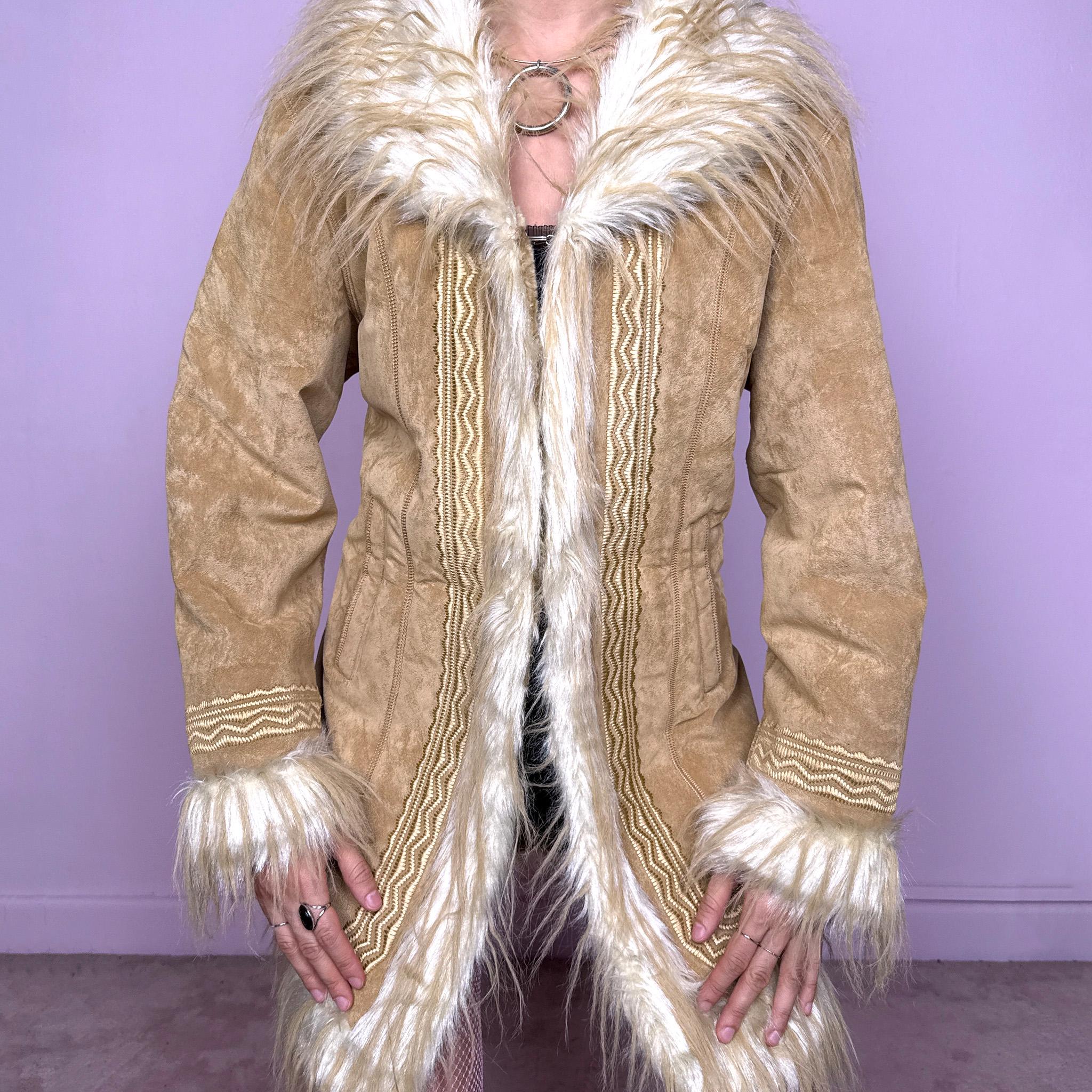 Stunning Afghan-inspired vintage 2000s beige Penny Lane faux fur winter coat with hook front closure, pockets, faux fur collar, cuffs, and interior. Features detailed embroidery and boho 70s-inspired silhouette. Made from polyester. Excellent vintage condition.