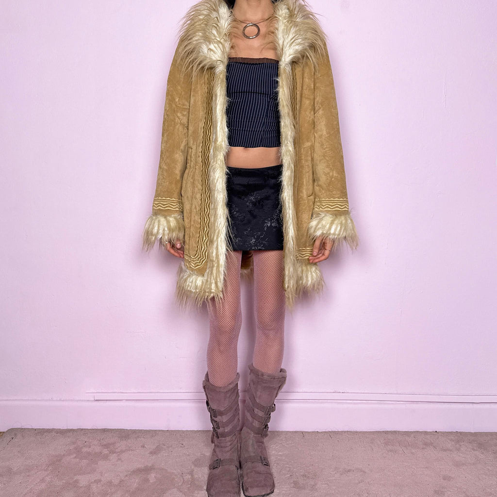 Stunning Afghan-inspired vintage 2000s beige Penny Lane faux fur winter coat with hook front closure, pockets, faux fur collar, cuffs, and interior. Features detailed embroidery and boho 70s-inspired silhouette. Made from polyester. Excellent vintage condition.
