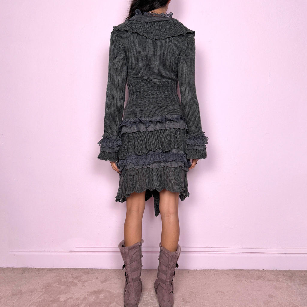 Vintage Y2K Gray Cardigan, Ruffle Lace Bell Sleeve 2000s – Size M