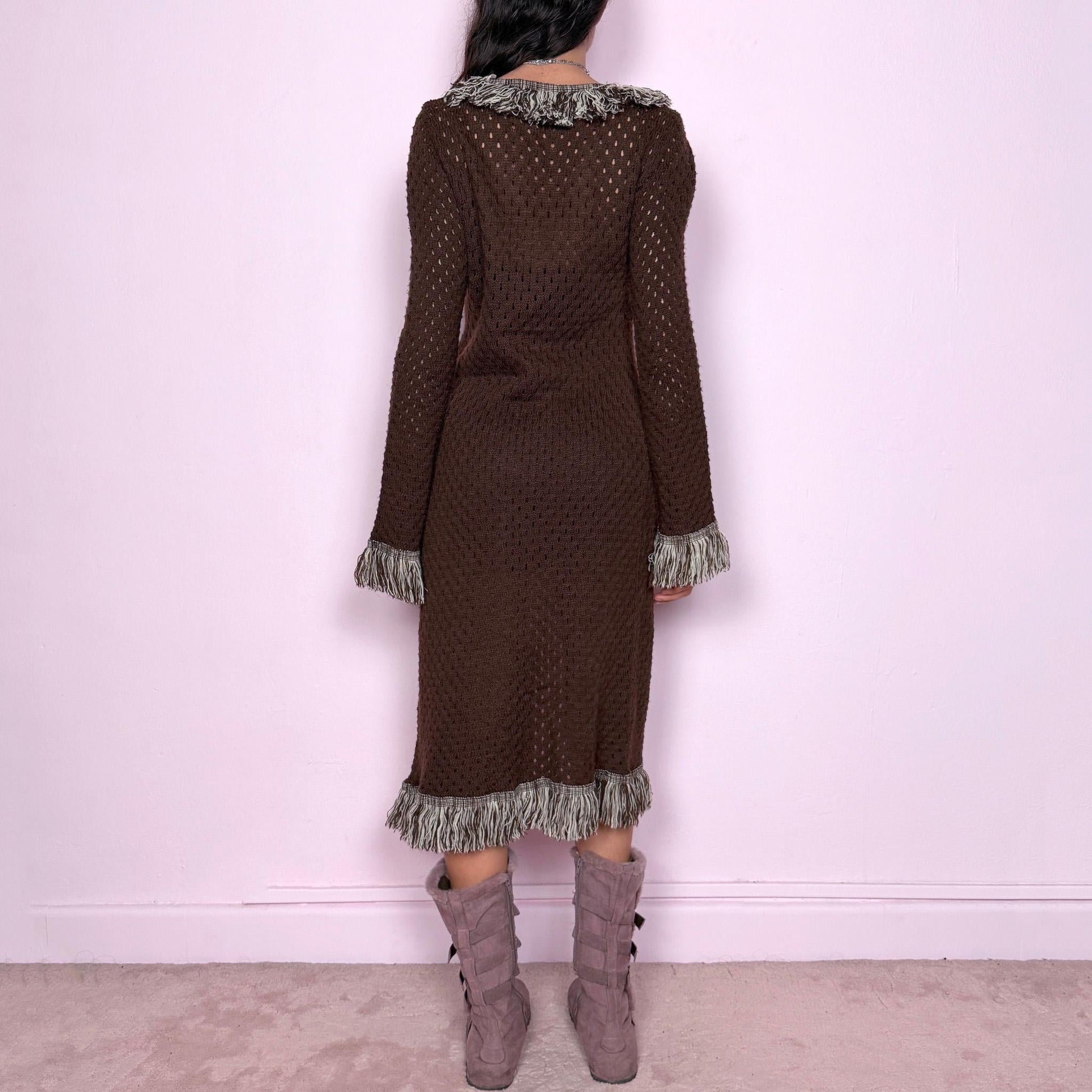 Vintage 90s Brown Cardigan, Penny Lane Tie Front Shaggy Trim Longline – Size S