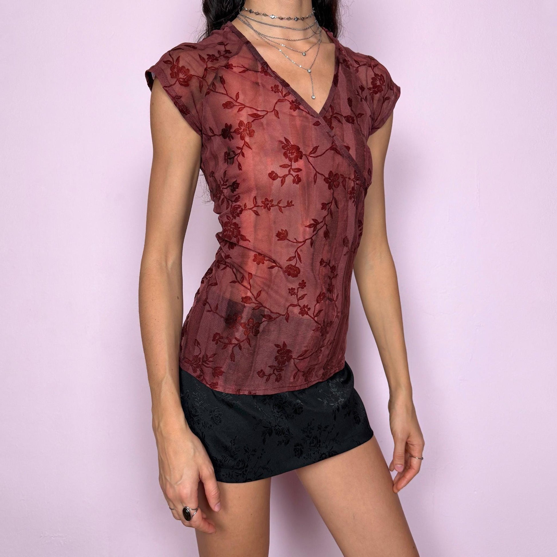 Romantic delicate vintage 2000s burgundy maroon semi sheer devore burnout velvet mesh floral top. Features wrap V neck, stretchy fit, and short sleeves. Whimsical fairycore and avant garde design, ideal for summer styling and statement looks. Excellent vintage condition.