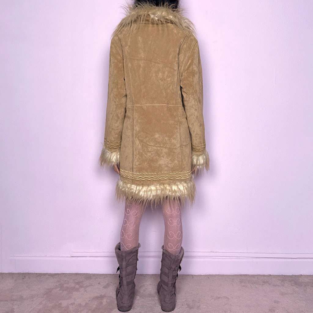 Vintage Y2K Penny Lane Coat, Beige Faux Fur Embroidered Afghan 2000s – Size L