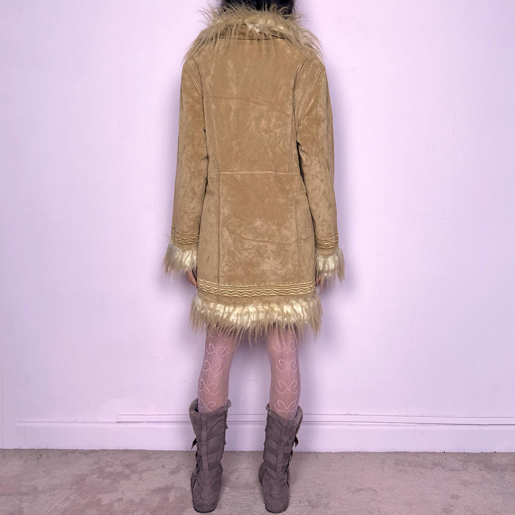 Vintage Y2K Penny Lane Coat, Beige Faux Fur Embroidered Afghan 2000s – Size L