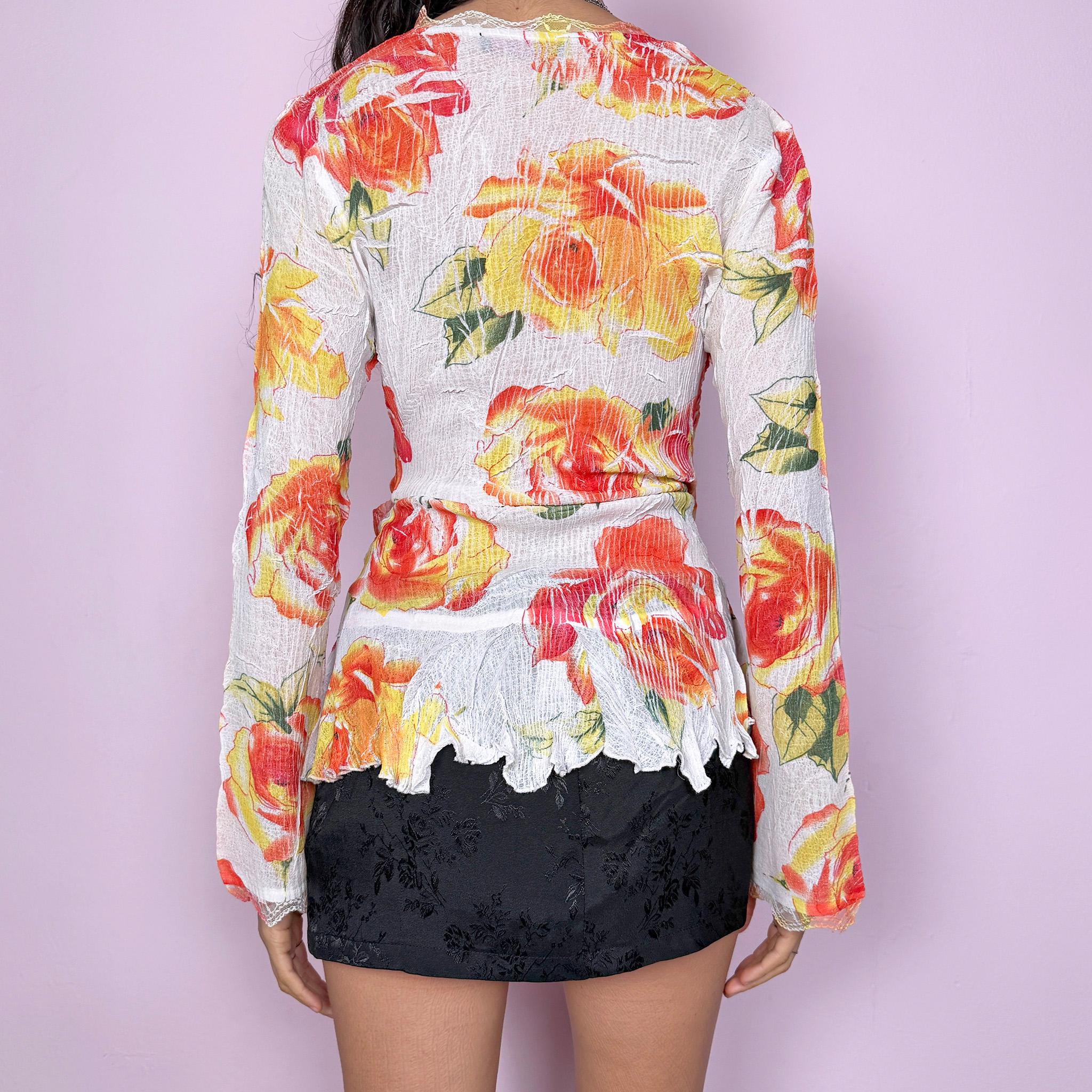 Vintage Y2K White Top, Wrap Tie Floral Blouse 2000s – Size M