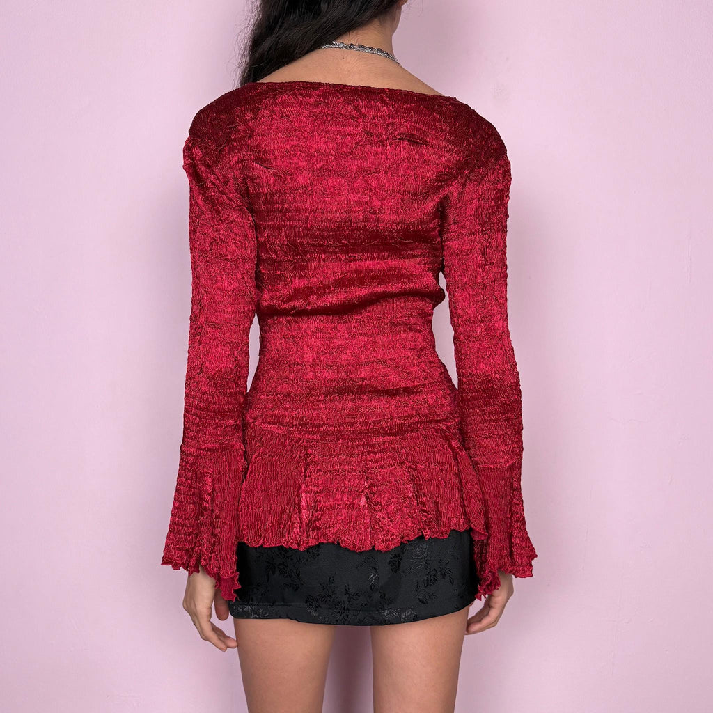 Vintage Y2K Red Top, Crinkle Pleated Bell Sleeve Blouse 2000s – Size M
