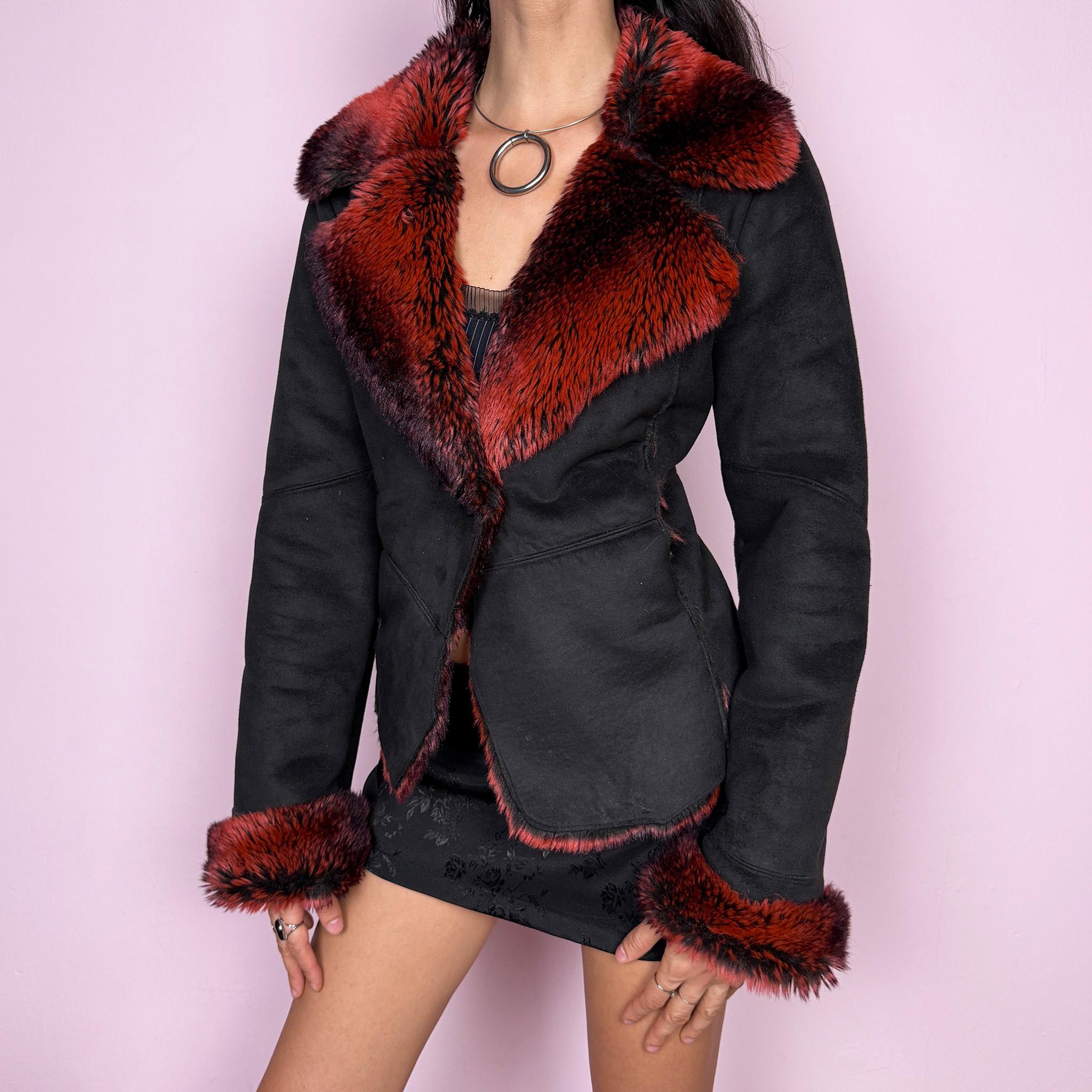 Stunning vintage 2000s Penny Lane–inspired jacket featuring a black faux suede exterior with bold red and black faux fur collar and cuffs. Designed with a fitted cut, single button closure, and front pockets. A statement piece made from polyester by a French brand. Excellent vintage condition.