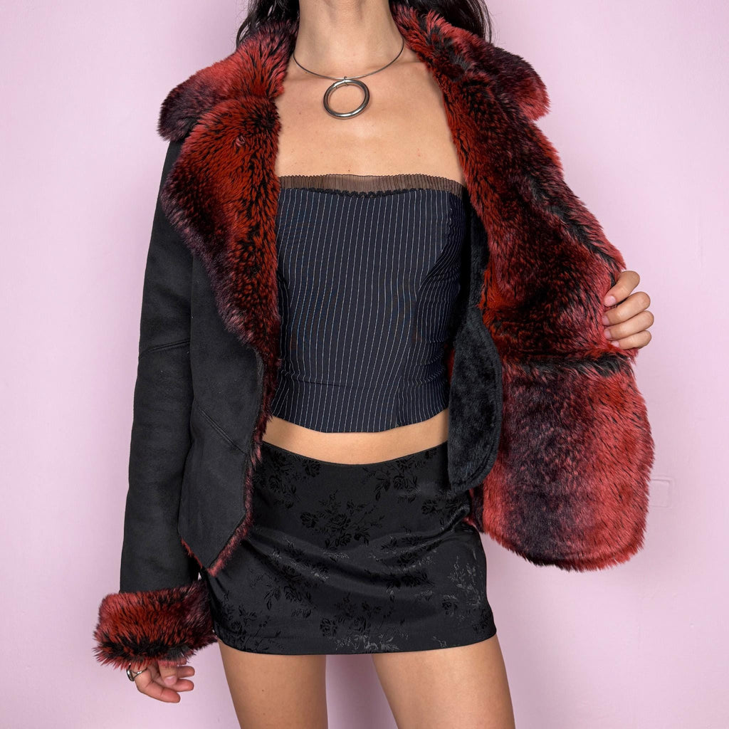 Vintage Y2K Penny Lane Jacket, Black Red Faux Fur Suede 2000s – Size L