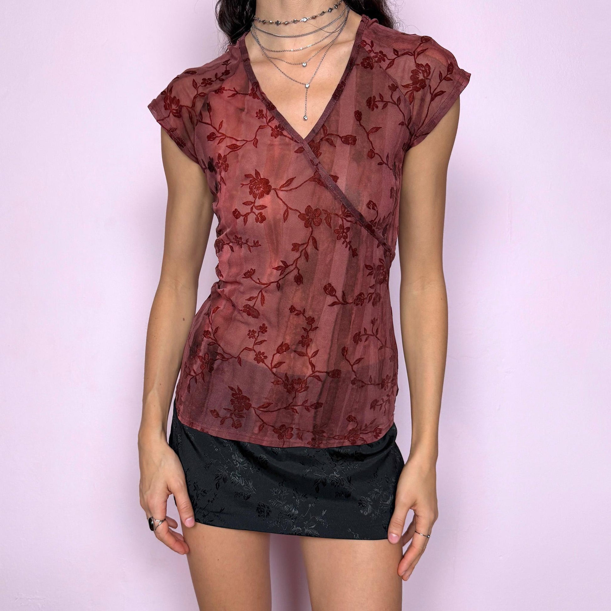 Romantic delicate vintage 2000s burgundy maroon semi sheer devore burnout velvet mesh floral top. Features wrap V neck, stretchy fit, and short sleeves. Whimsical fairycore and avant garde design, ideal for summer styling and statement looks. Excellent vintage condition.