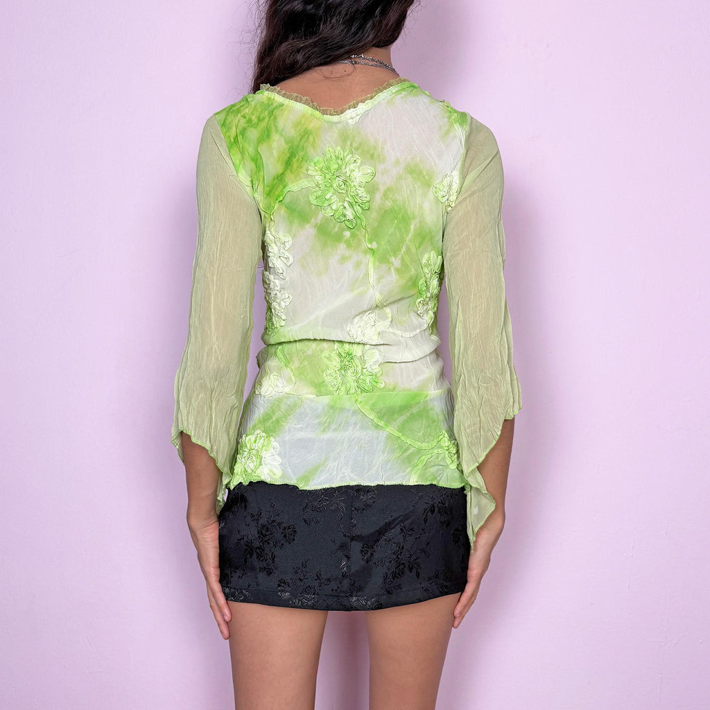 Vintage Y2K Green Top, Tie Dye Applique Bell Sleeve Blouse 2000s – Size S