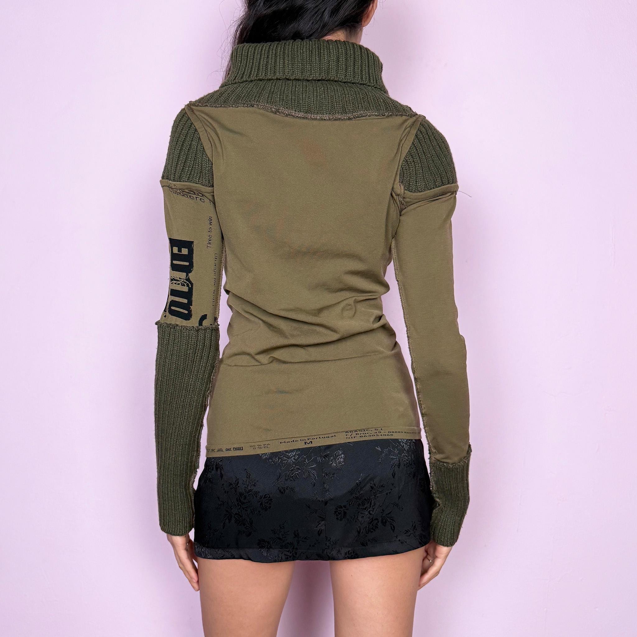 Vintage Y2K Green Top, Turtleneck Deconstructed Desigual 2000s – Size M