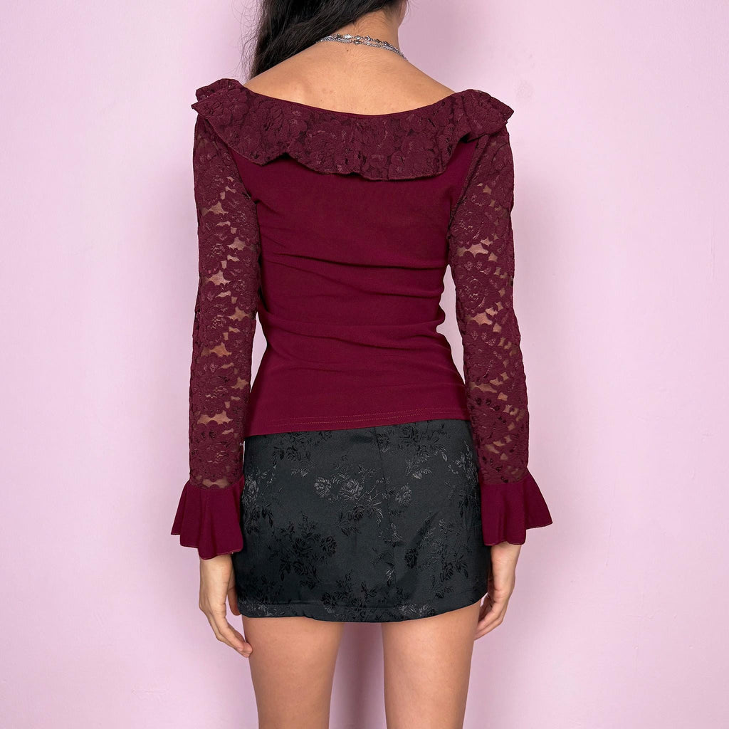 Vintage Y2K Burgundy Top, Lace Ruffle Bell Sleeve Blouse 2000s – Size S