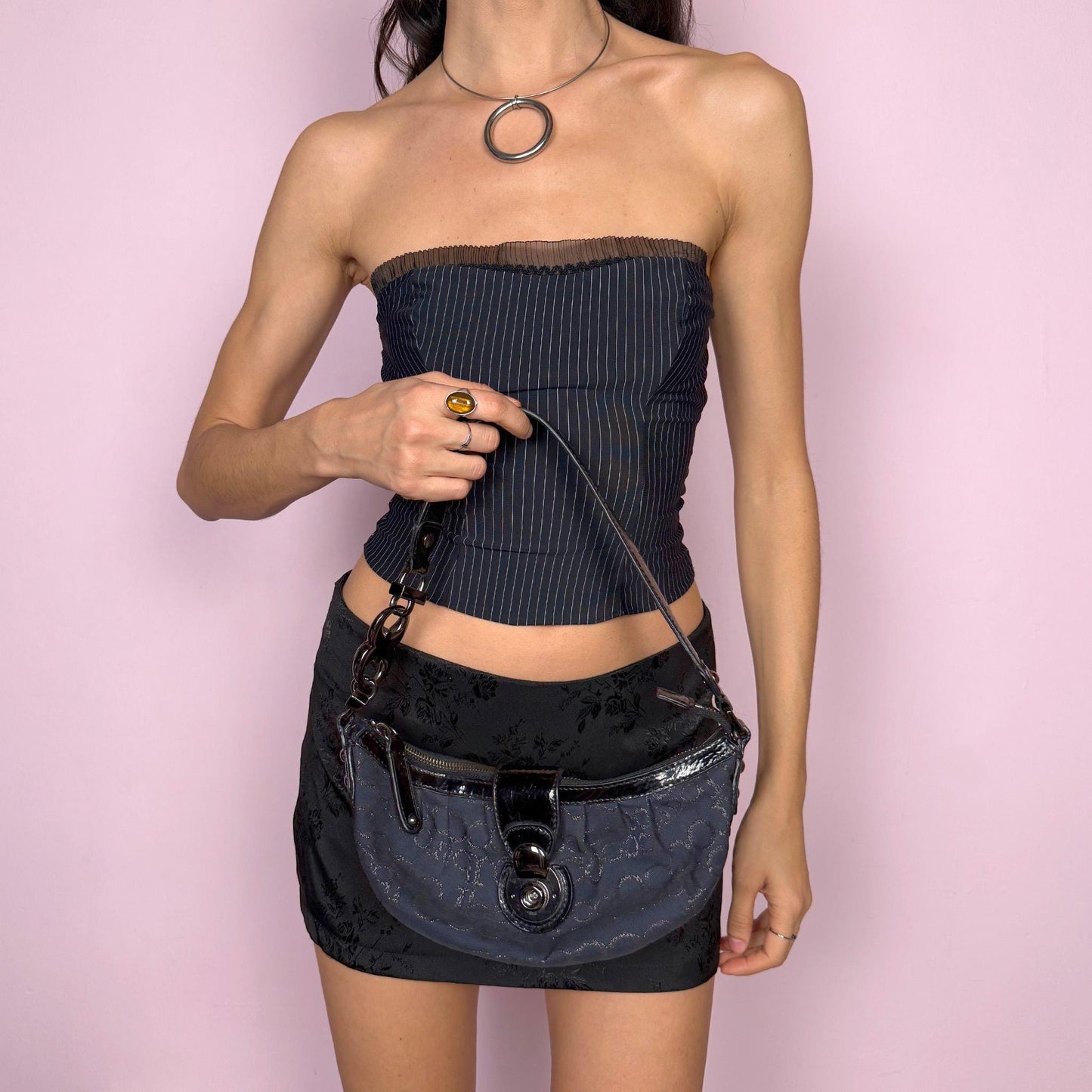 Iconic vintage early 2000s navy blue mini baguette bag by Roccobarocco. Features signature monogram canvas with glossy black patent details, sculptural hardware, zip closure, and push-down turn-lock closure. A quintessential Italian going-out accessory with a bold Y2K silhouette. Made in Italy. Great vintage condition.