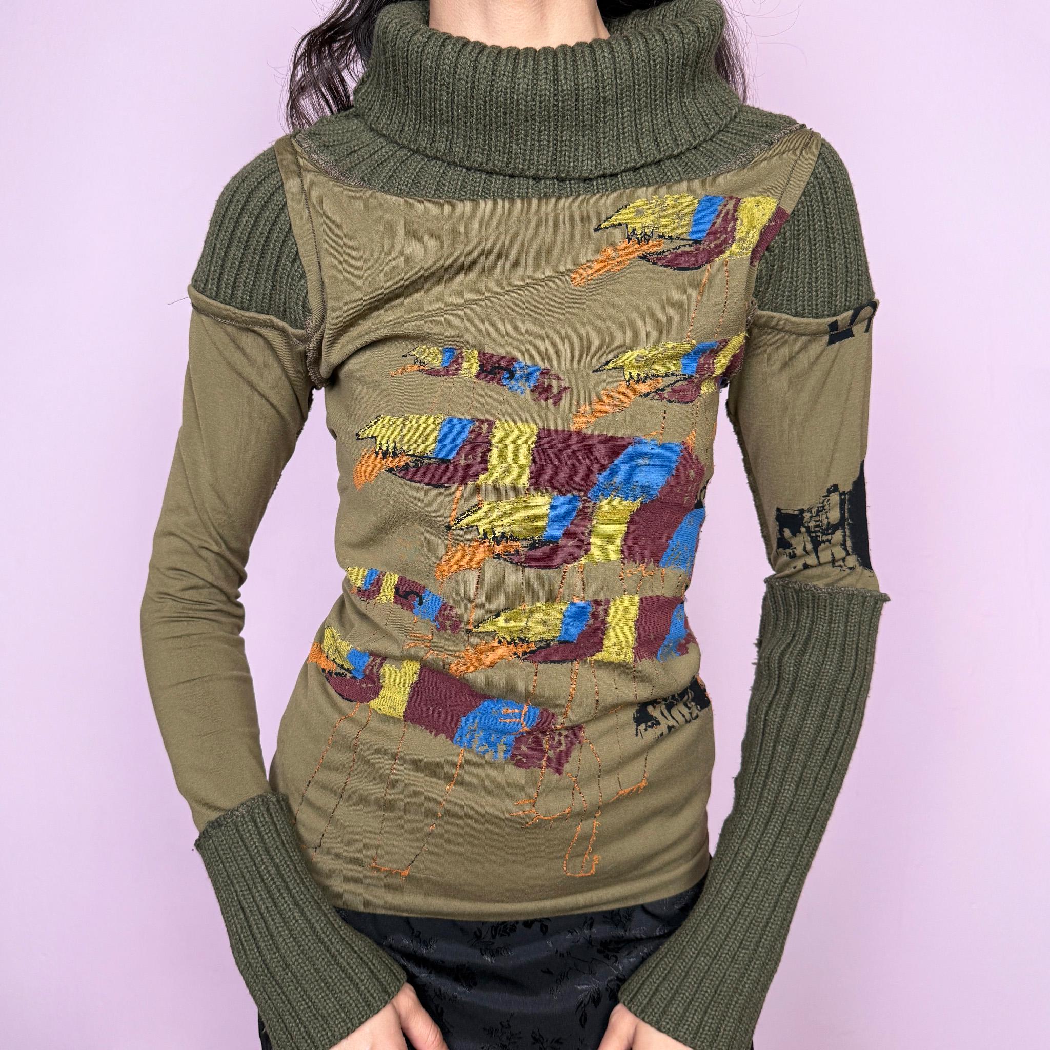 Avant garde vintage 2000s khaki green deconstructed long sleeve top with a knit turtleneck, ribbed knitted cuffs, and patchwork construction. Features multicolored embroidered details with a futuristic dystopian weird girl aesthetic. Ideal for autumn or winter statement layering. Made in Portugal from a stretchy polyamide blend by Desigual. Great vintage condition.