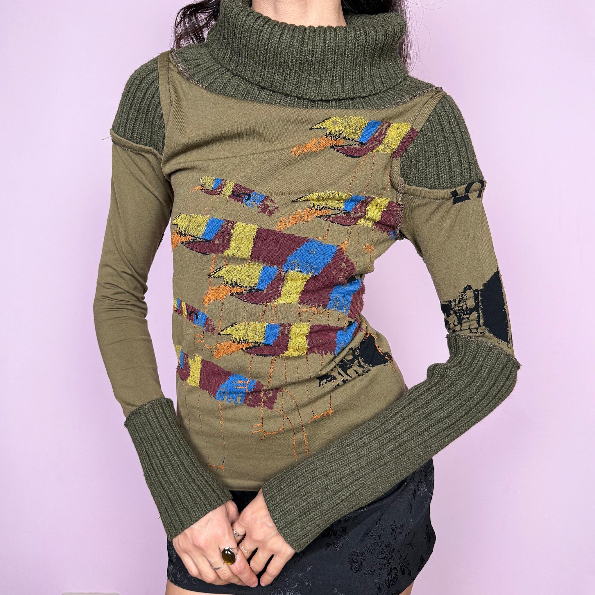 Avant garde vintage 2000s khaki green deconstructed long sleeve top with a knit turtleneck, ribbed knitted cuffs, and patchwork construction. Features multicolored embroidered details with a futuristic dystopian weird girl aesthetic. Ideal for autumn or winter statement layering. Made in Portugal from a stretchy polyamide blend by Desigual. Great vintage condition.