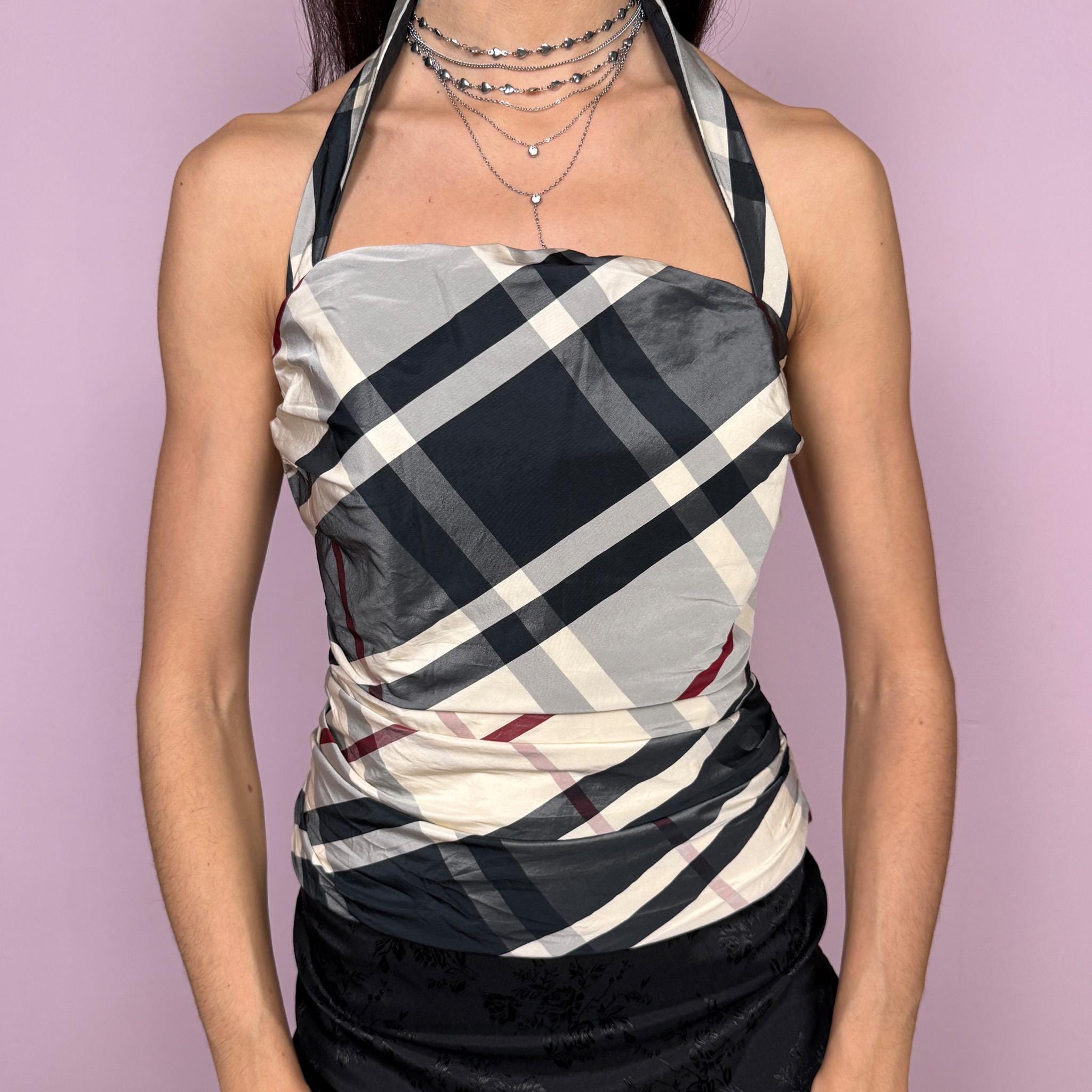 Stunning vintage 2000s halter top in beige, black, and burgundy plaid. Ruched and draped design with internal boning for a sculpted, fitted shape. Structured straight neckline and side zipper closure for support and a clean fit with no stretch. Ideal for summer events, formal occasions, weddings, and preppy evening wear. Excellent vintage condition.