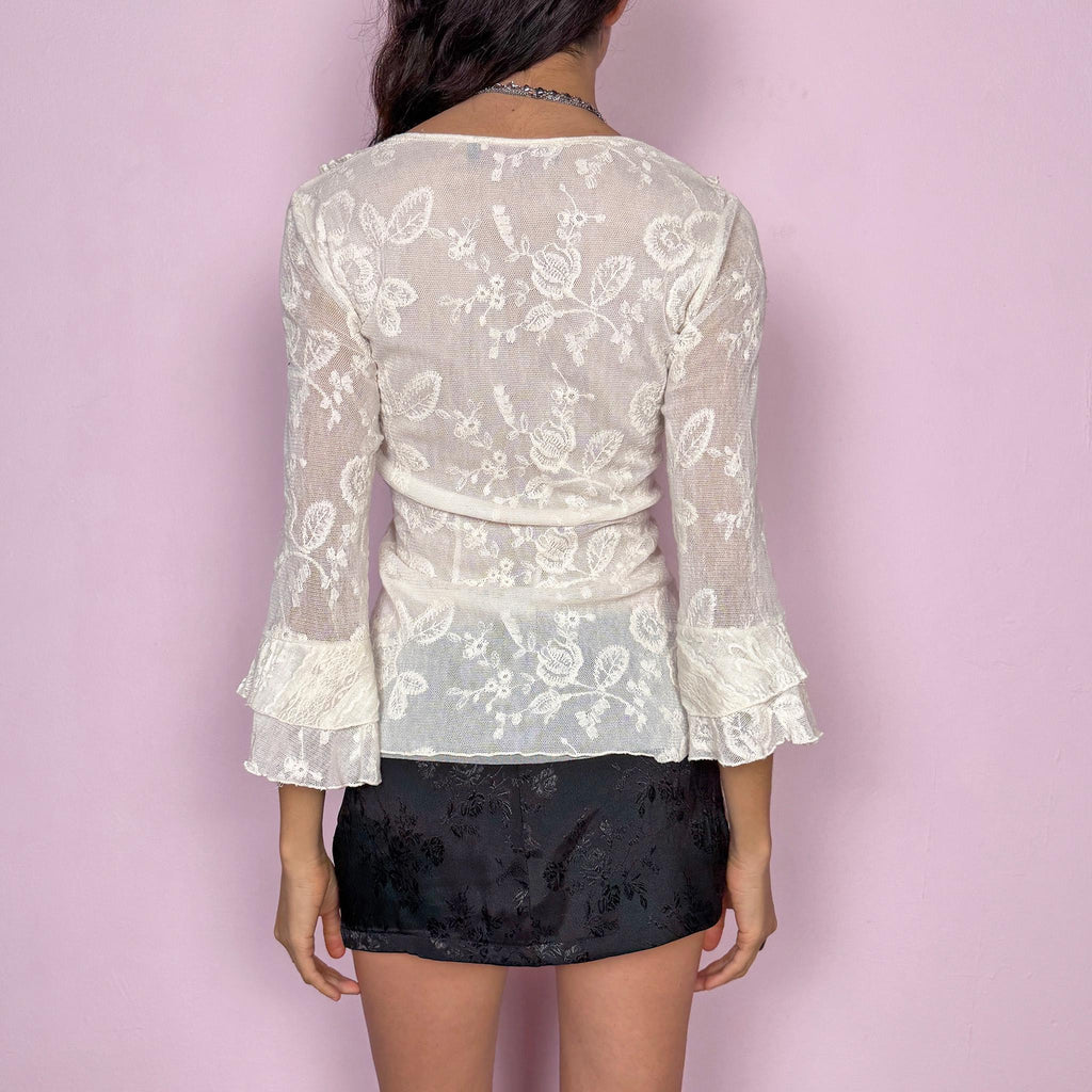 Vintage Y2K Cream Top, Lace Mesh Bell Sleeve Blouse 2000s – Size M